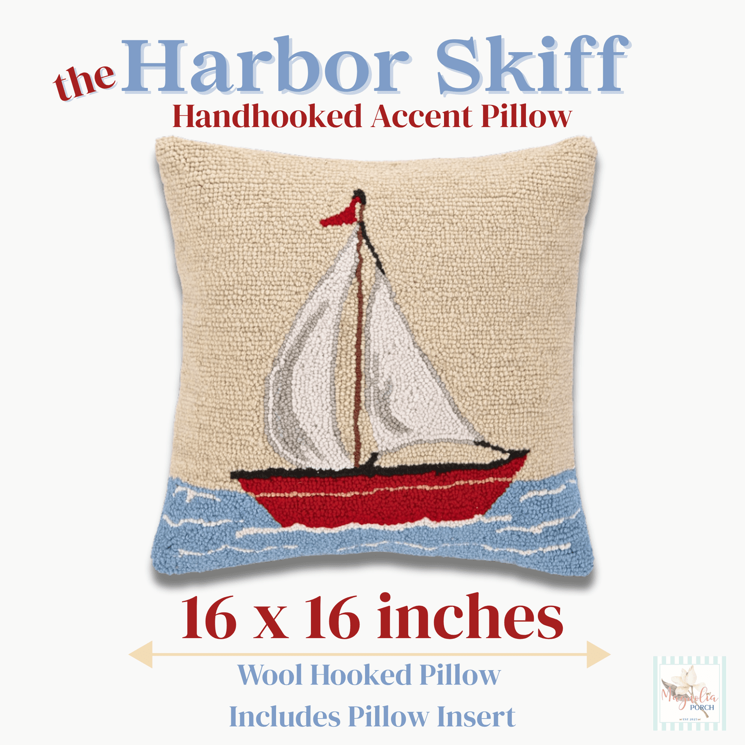 Sailboat Hooked Wool Pillow - 16x16 Nautical Decor — Discover hand