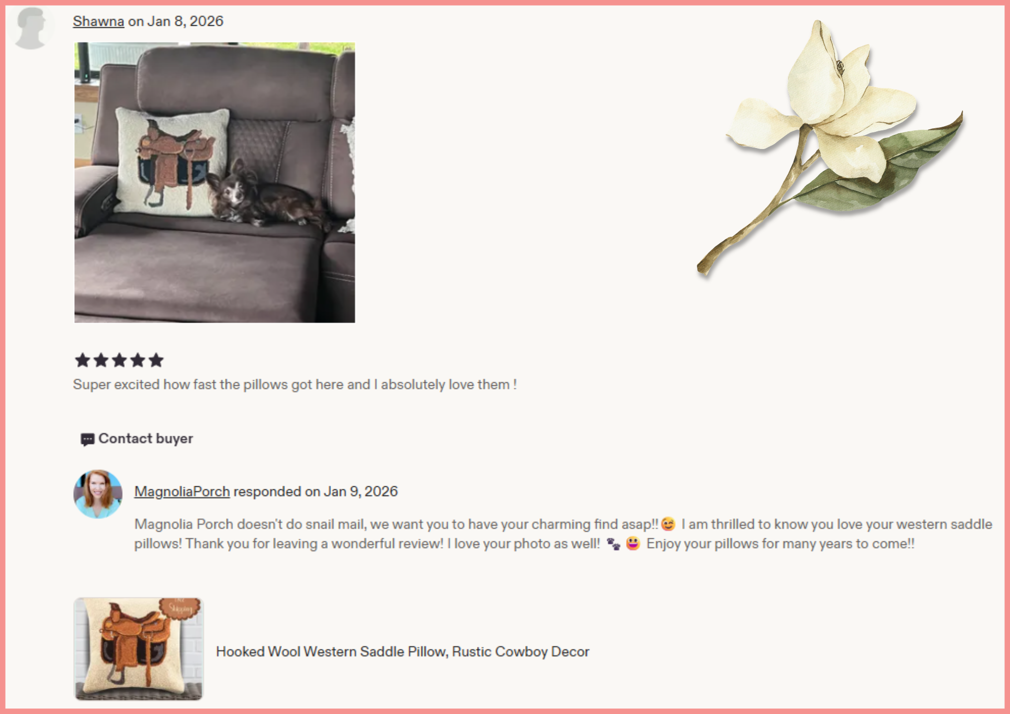 5 star review of a decorative pillow with a cowboy saddle design.