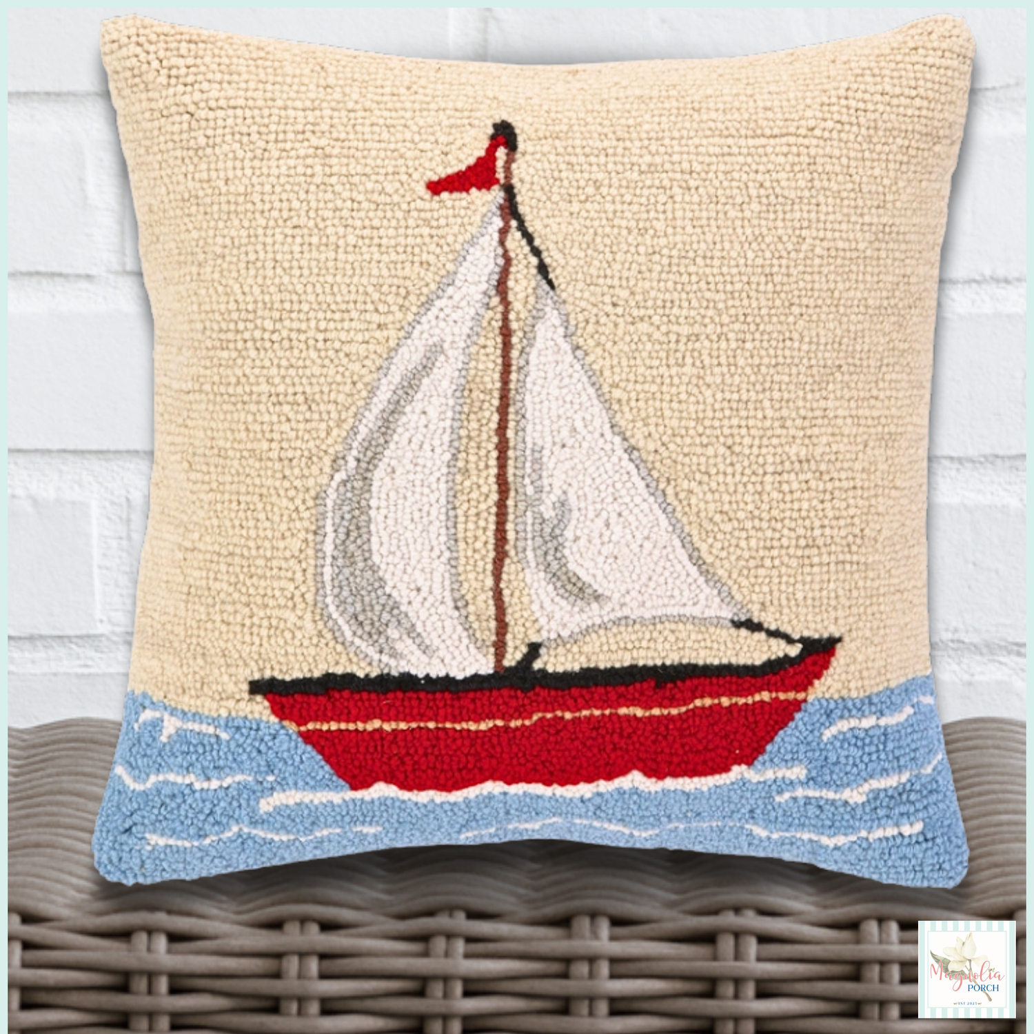 Sailboat Hooked Wool Pillow - 16x16 Nautical Decor — Discover hand