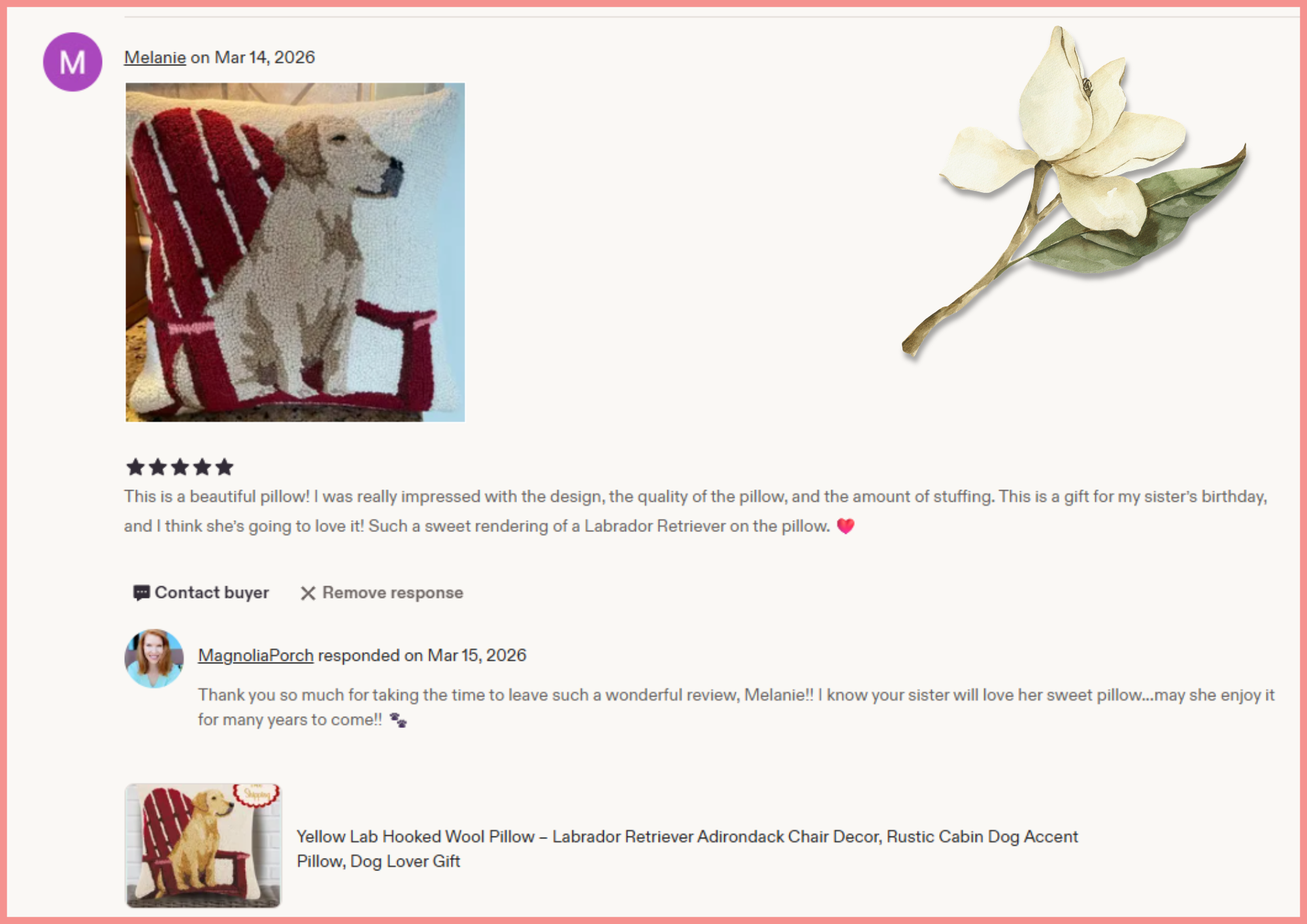 Close-up of a decorative pillow with a stitched image of a Labrador Retriever puppy sitting in a red Adirondack chair. The puppy's fur is light tan and the background of the pillow is white. The review text below describes the pillow as a high-quality, cute gift for a dog lover.