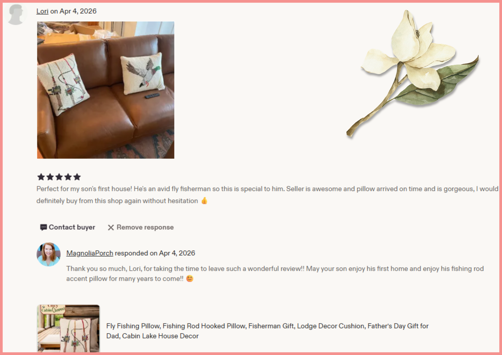 A photo of a brown leather sofa with two decorative pillows, one with a fishing motif.  5 star review.