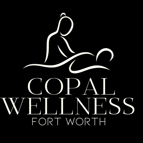 Logo for Copal Wellness in Fort Worth featuring a line drawing of a person receiving a massage.