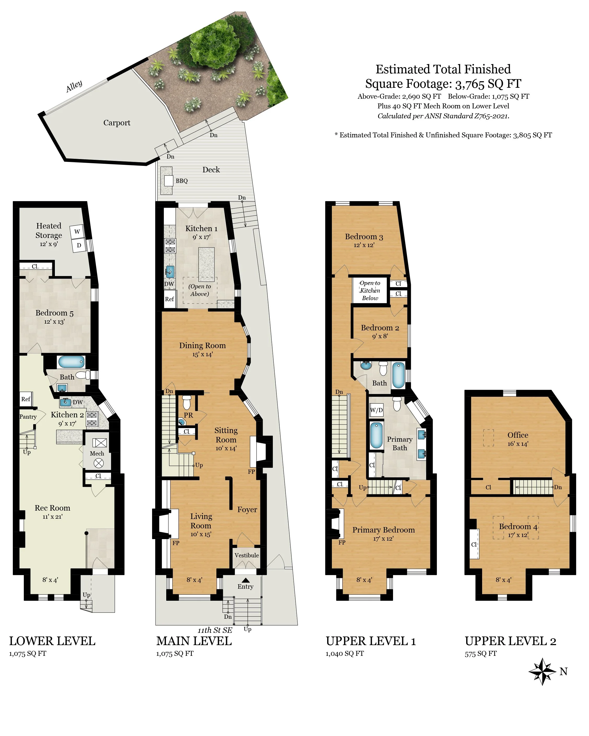 Floor plan of a multi-level house including a lower level, main level, upper level 1, and upper level 2, with labels indicating room sizes and features, and an outdoor area with a deck, garden, and carport.