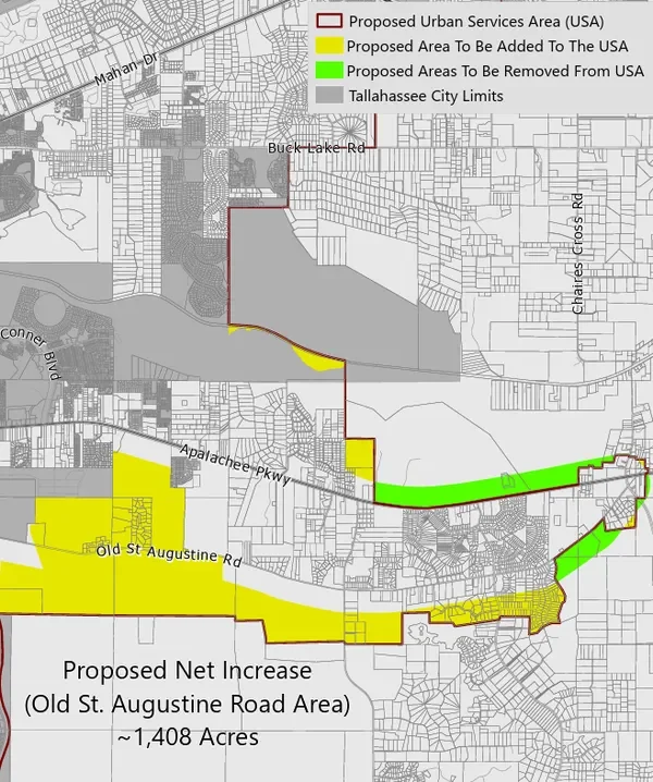 Map showing proposed urban services areas, areas to be added or removed from the USA, and Tallahassee city limits, centered around Buck Lake Road, Apachee Parkway, and Old St. Augustine Road, with a proposed net increase of approximately 1,408 acres.
