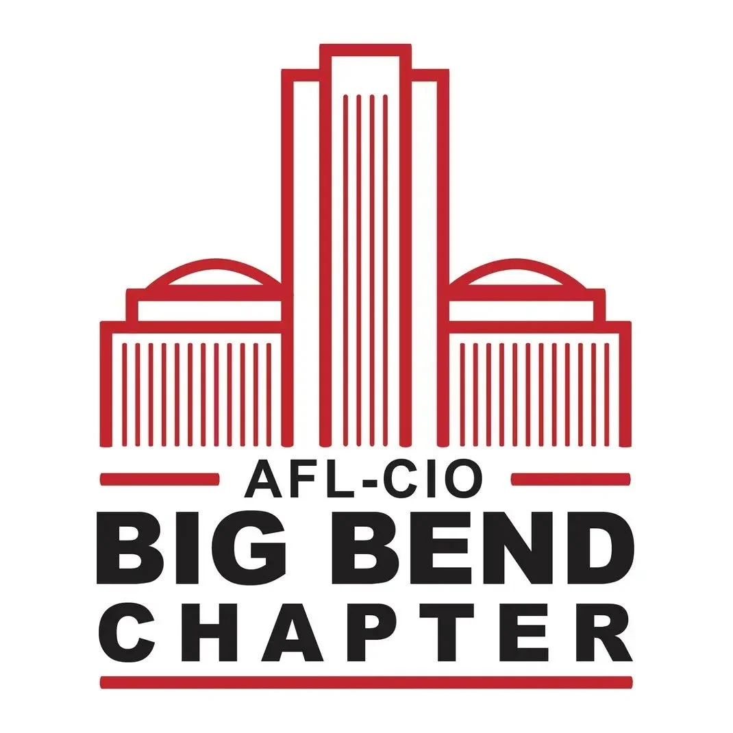 Logo of Big Bend Chapter of AFL-CIO featuring a stylized outline of Big Bend and surrounding buildings in red and black text.