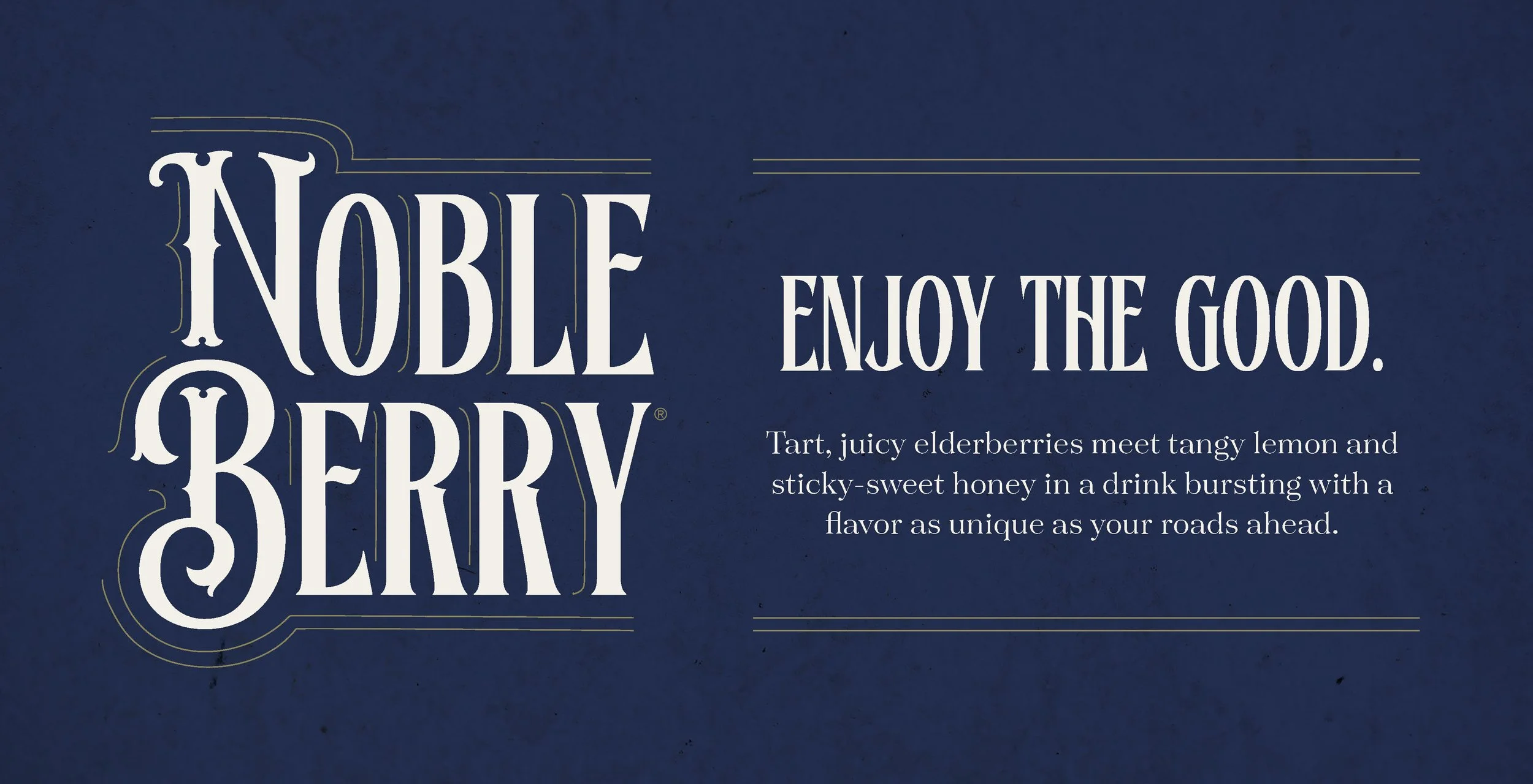 Text on a dark blue background promoting noble berry flavor, featuring a description of a drink with elderberries, lemon, and honey.