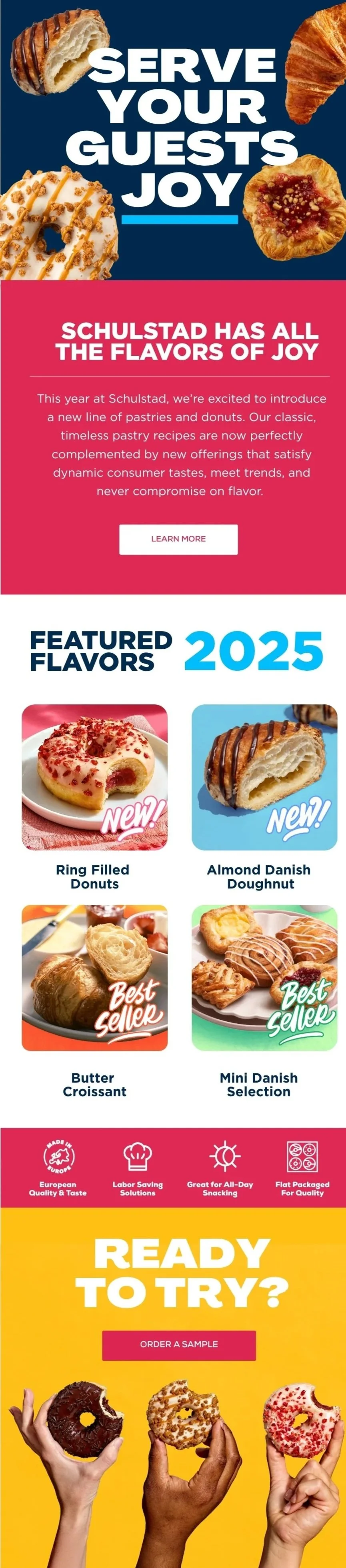 Promotional flyer for Schulstad pastries featuring images of various donuts and croissants, with text encouraging serving guests joy and showcasing new flavors for 2025.