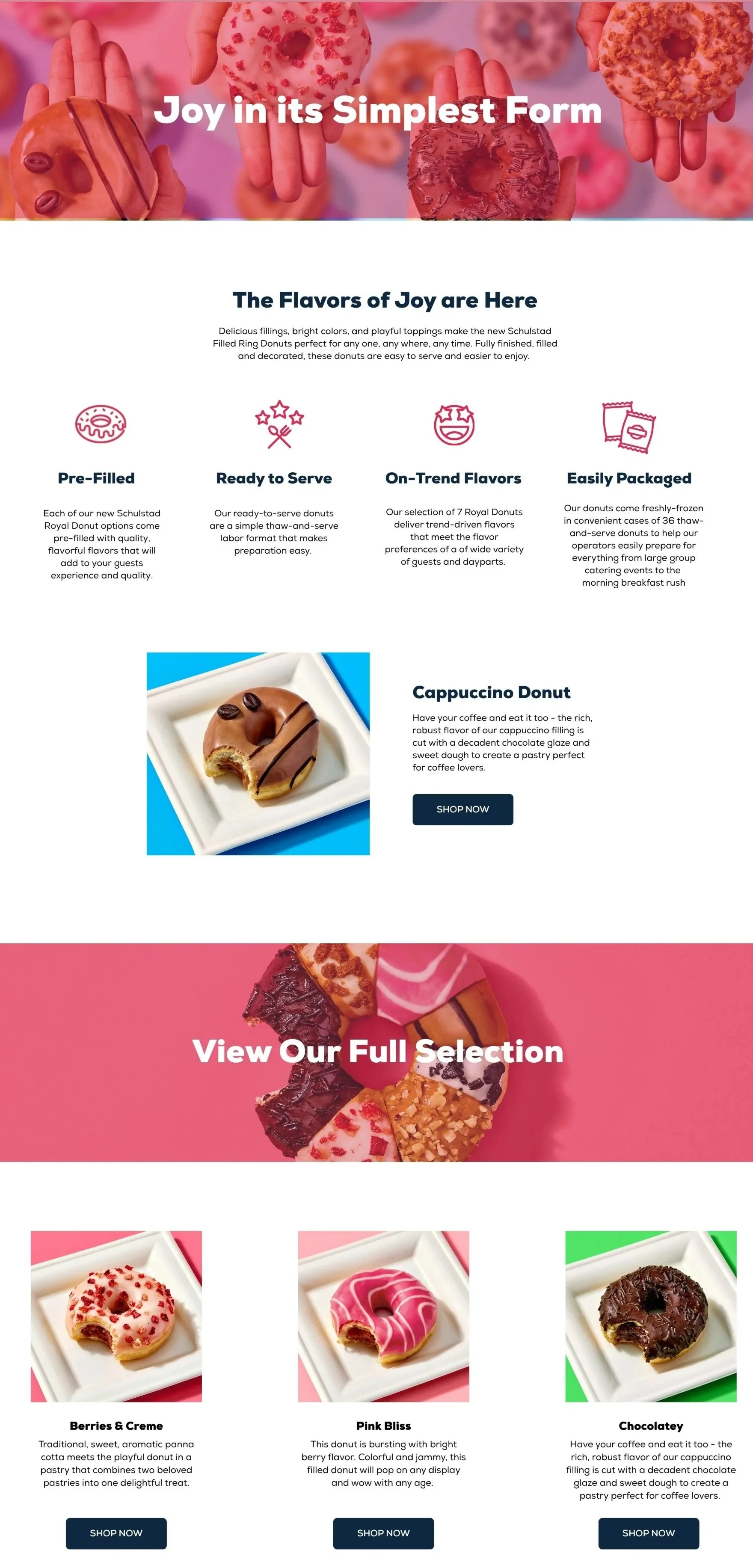 Image of various colorful donuts with sprinkles and toppings, promotional text about donut flavors and options, and a close-up of a cappuccino donut on a white plate. The layout includes sections for flavor descriptions and a call-to-action to view f
