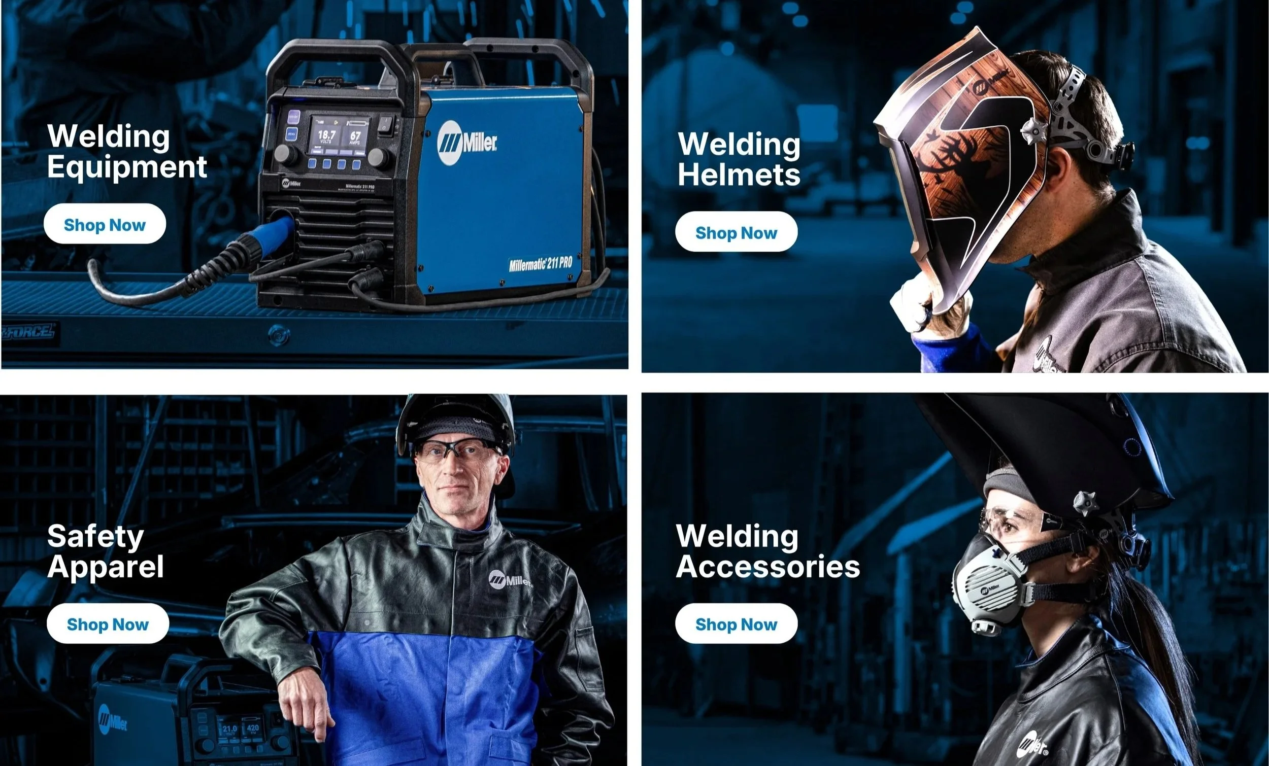 A collage of four images showcasing welding products and personnel. The top left features a blue Miller welding machine labeled 'Millermatic 211 PRO' with a 'Shop Now' button. The top right displays a person wearing a welding helmet with a wooden des