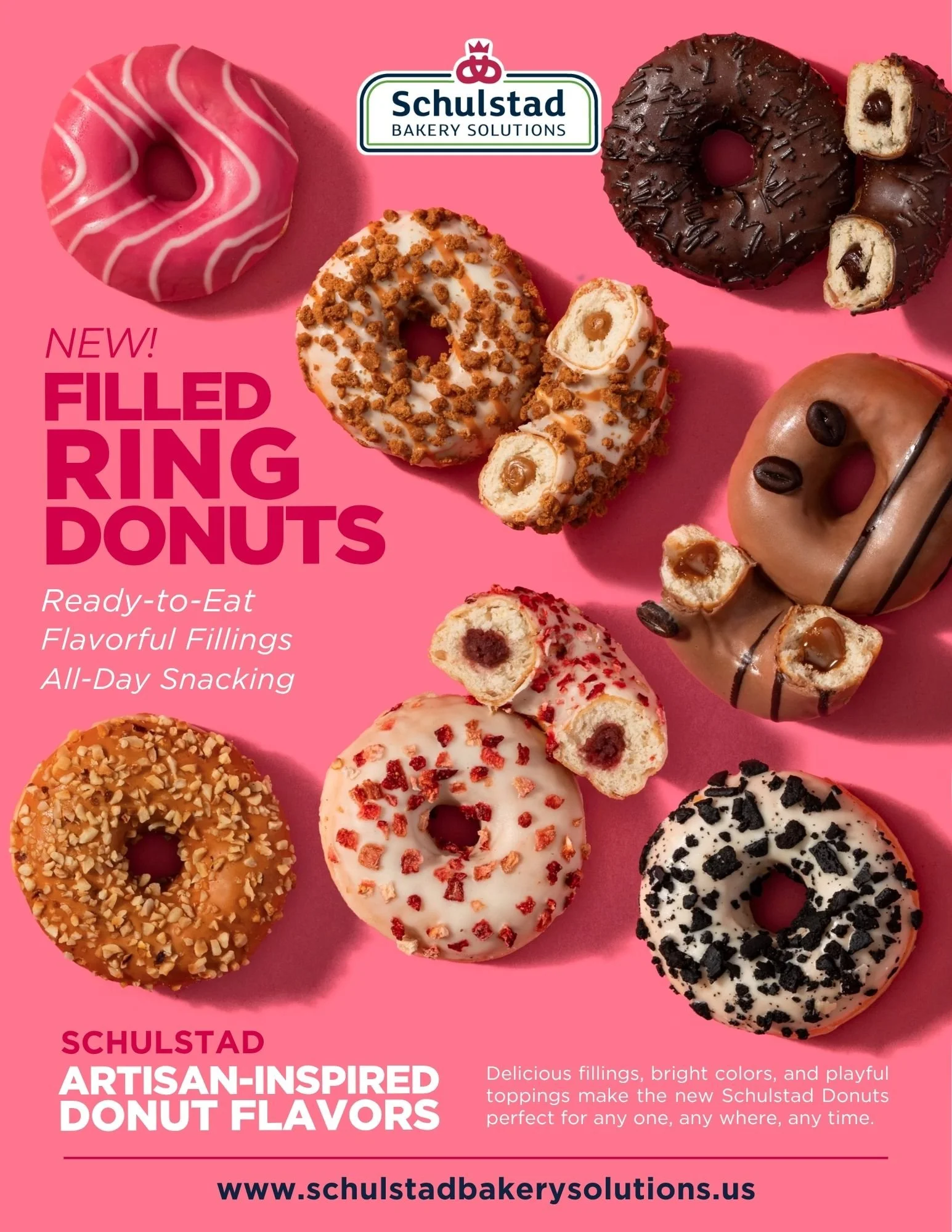 Pink background with various decorated donuts, including pink with white icing, white with brown crumbles, chocolate with sprinkles, and cream with coffee beans, showcasing Schulstad Bakery Solutions' new filled ring donuts.