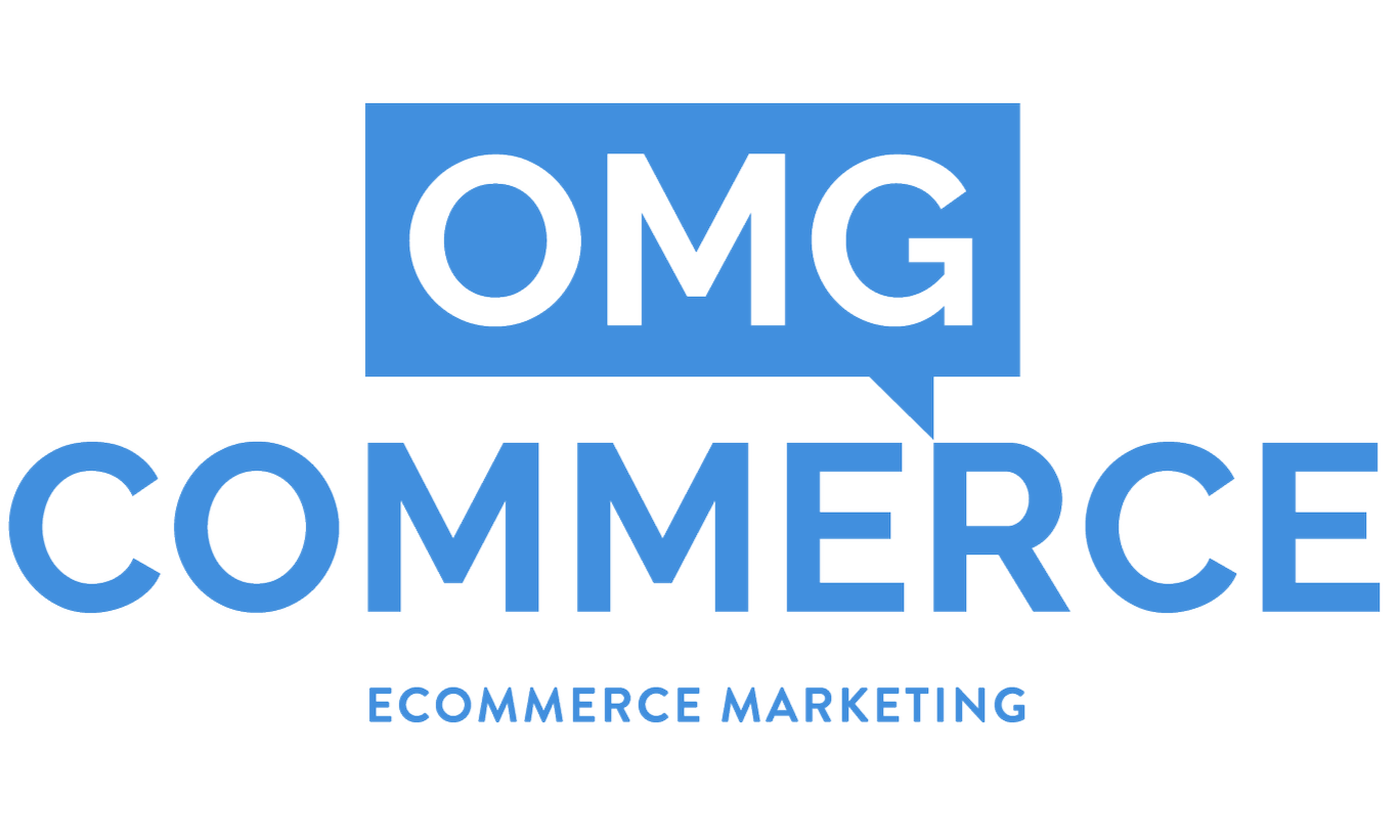 Logo for OMG Ecommerce, an ecommerce marketing company, featuring blue speech bubble with 'OMG' and large blue 'ECOMMERCE' text below, with 'Ecommerce Marketing' tagline.
