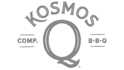 Kosmos Q logo with a large letter Q in the center and the words 'KOSMOS' above, 'COMP' and 'BBQ' on either side of the Q, all in black and white.