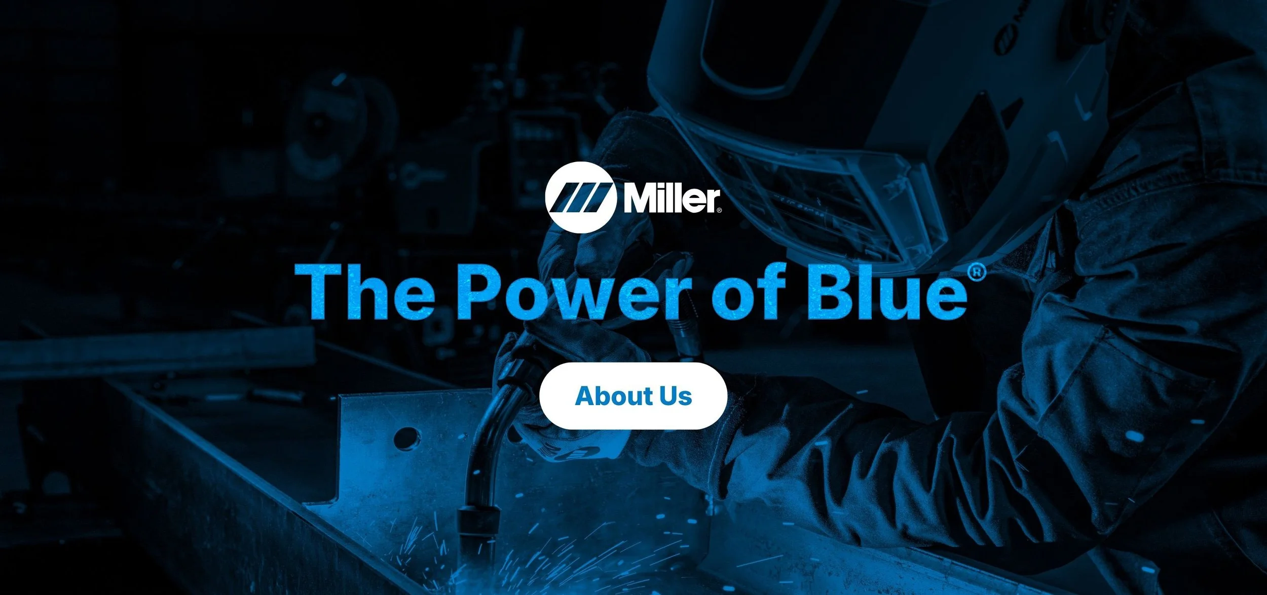 A person welding metal with sparks flying, wearing protective gear including a helmet and gloves, with overlaid text 'Miller: The Power of Blue' and a button labeled 'About Us'.