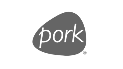 A grey rock with the word 'pork' written on it in black handwriting and a small registered trademark symbol.
