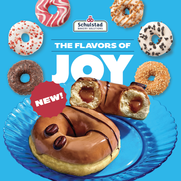 An assortment of donuts with various toppings such as sprinkles, stripes, and chocolate chips, surrounding a new donut with caramel filling and chocolate drizzle on a blue background, in promotional poster for Schulstad bakery solutions highlighting 