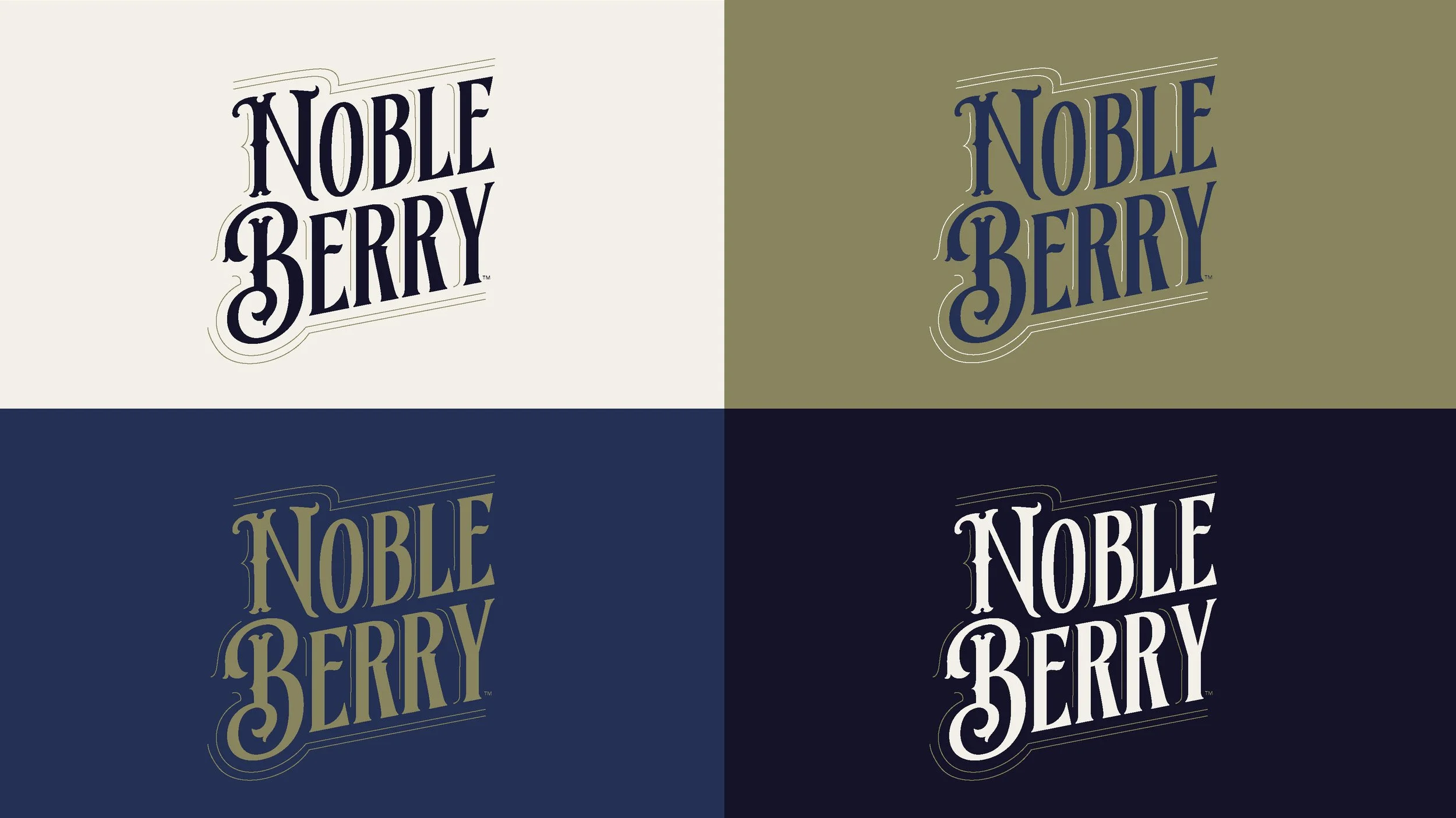 A four-panel collage of the Noble Berry logo in different color schemes and orientations.