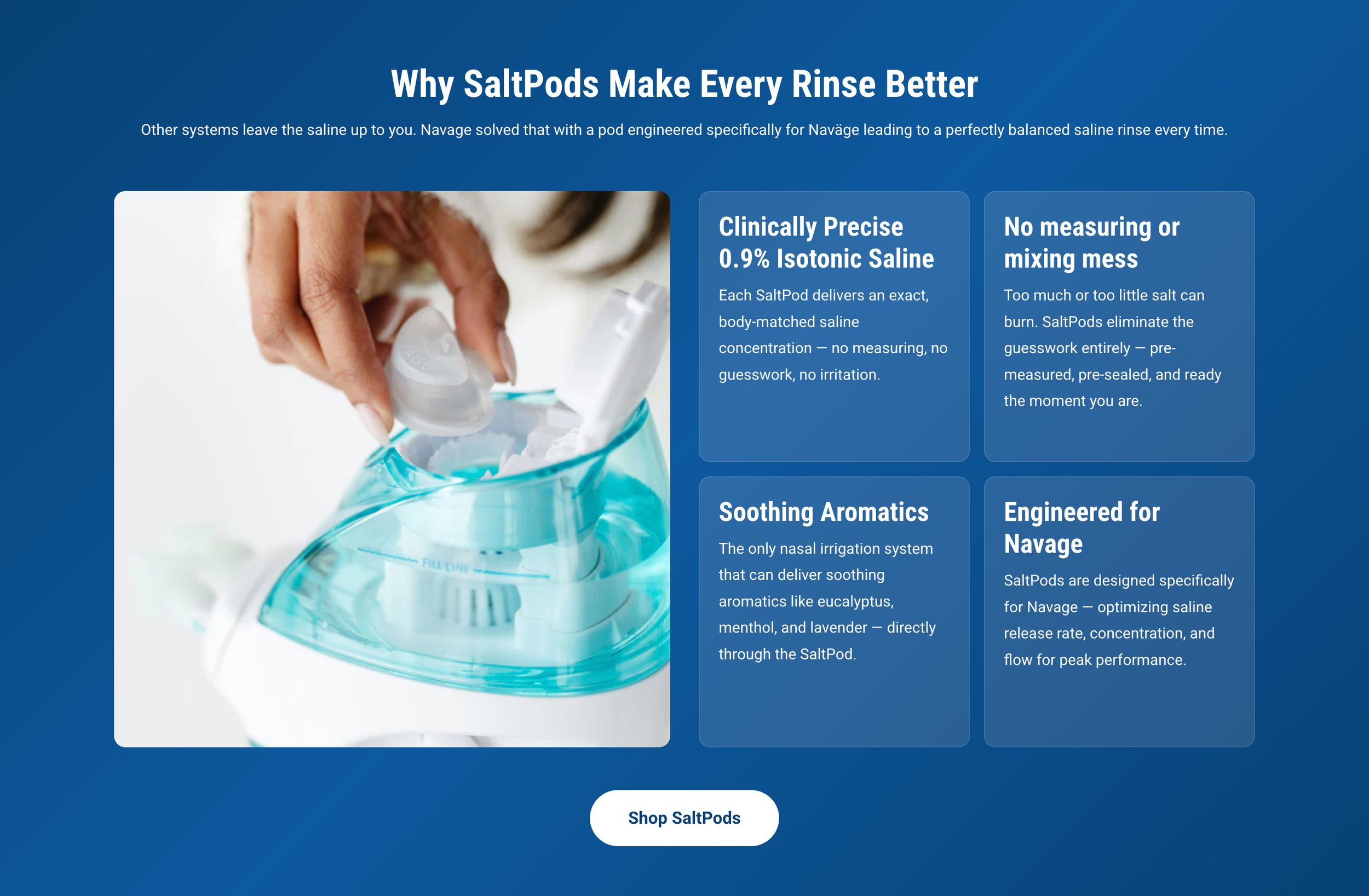 Close-up of a person placing a white SaltPod into a saltwater refillable device with a clear blue container and a white lid. The background displays a webpage with text about SaltPods and their benefits.