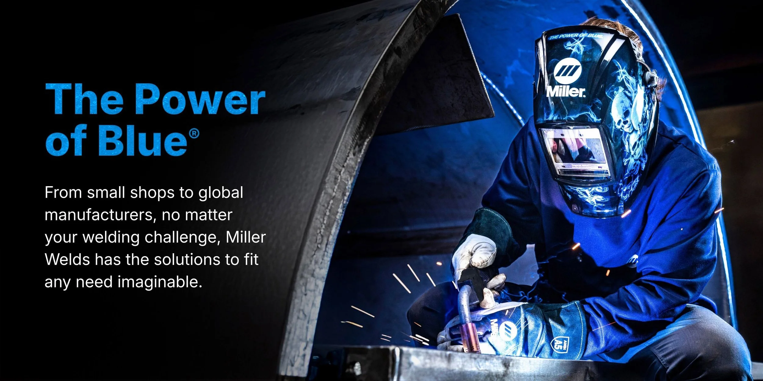 A welder wearing a protective mask with blue flames design, working on a metal piece with sparks flying in a dark workshop, with blue neon lights illuminating the background.