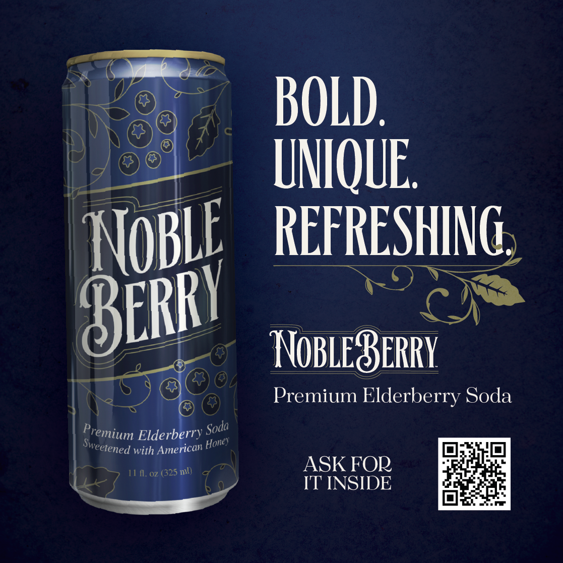 A can of Noble Berry premium elderberry soda with blueberry and elderberry illustrations, accompanied by text stating "Bold. Unique. Refreshing." and a QR code.
