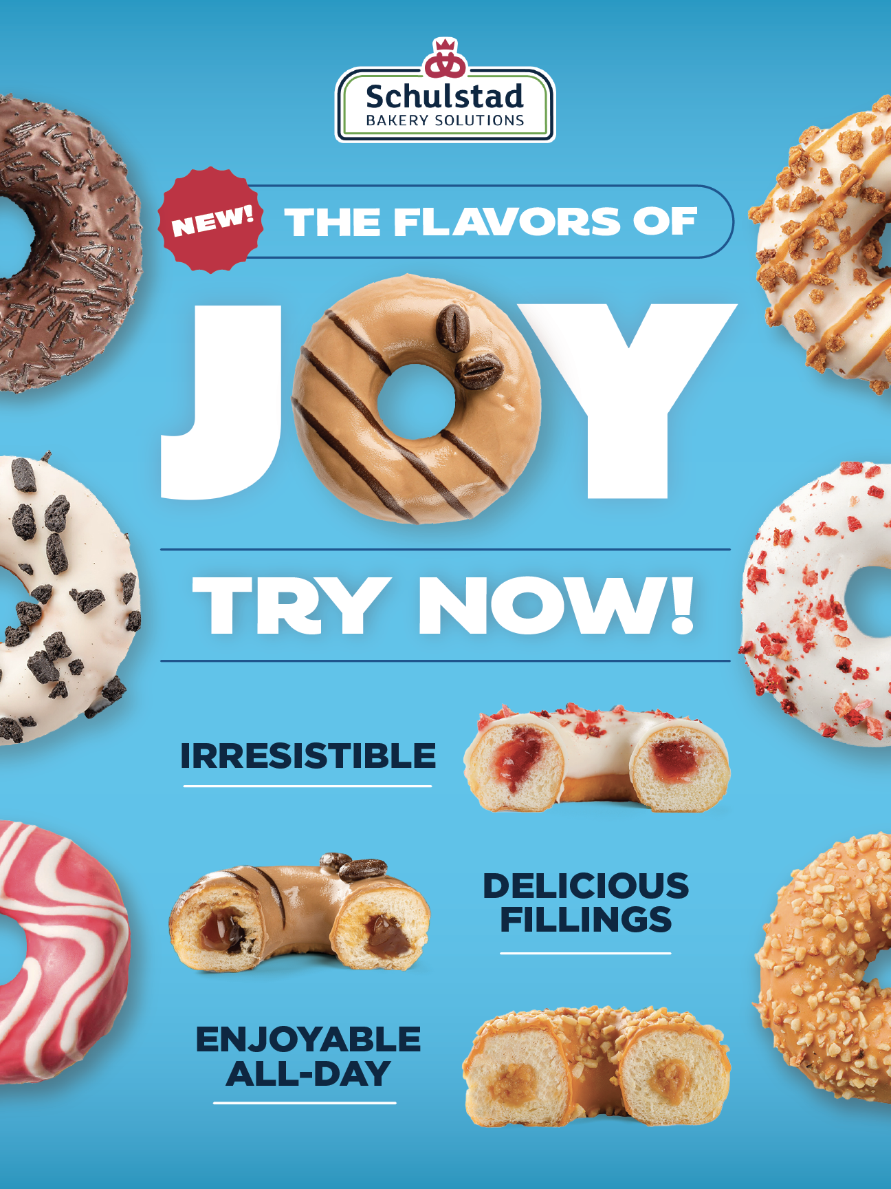 Colorful advertisement for Schulstad Bakery Solutions featuring various donuts with different toppings and flavors. The text highlights new flavors, irresistible fillings, and enjoyable all-day treats.