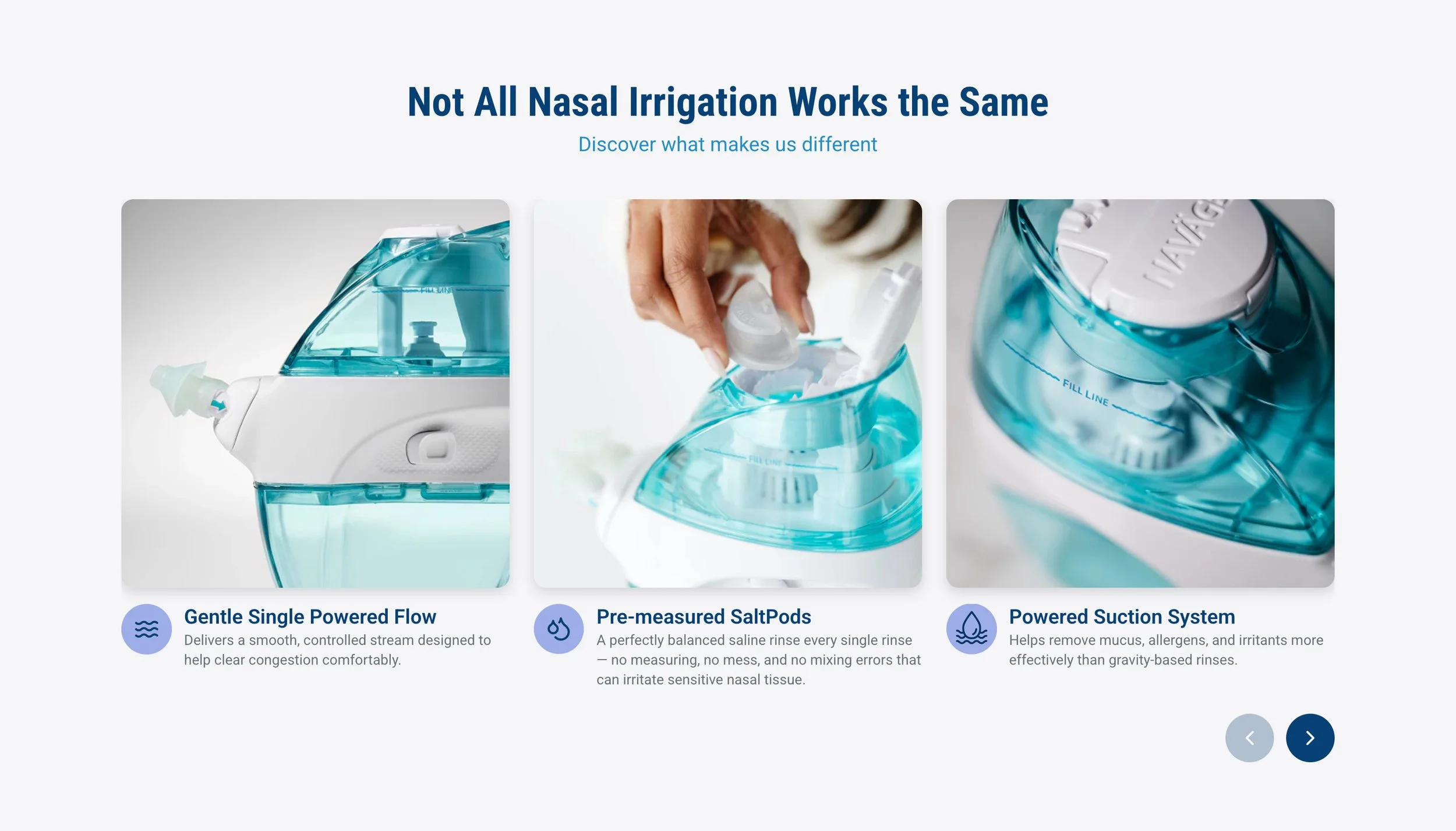 Comparison of nasal irrigation systems with images of nasal rinse devices and brief descriptions of features.