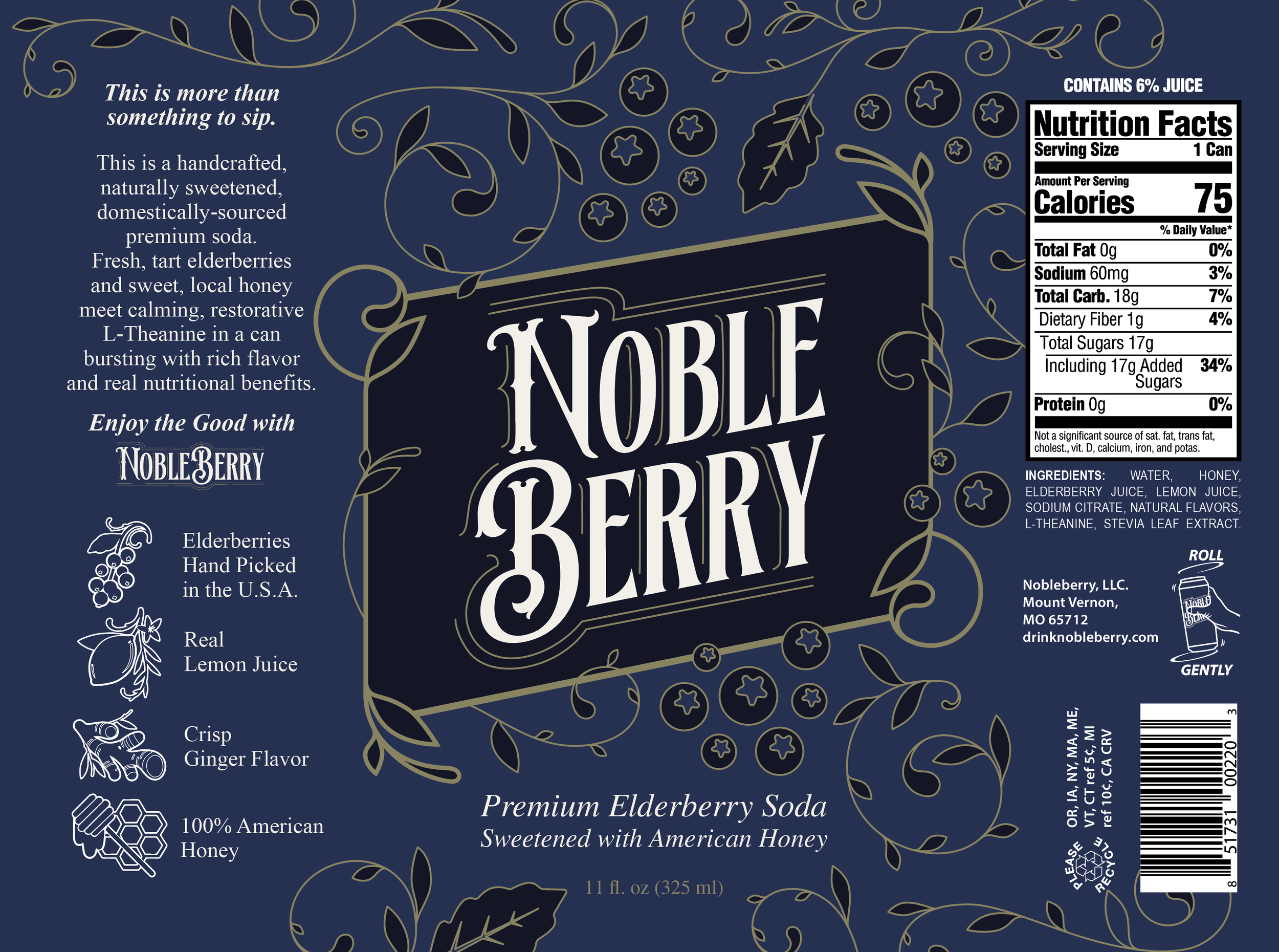 The label describes a handcrafted elderberry soda called Nobleberry, which is naturally sweetened with honey and flavored with elderberry, lemon, and ginger. The soda is made in the USA, contains 6% juice, and is sweetened with American honey.
