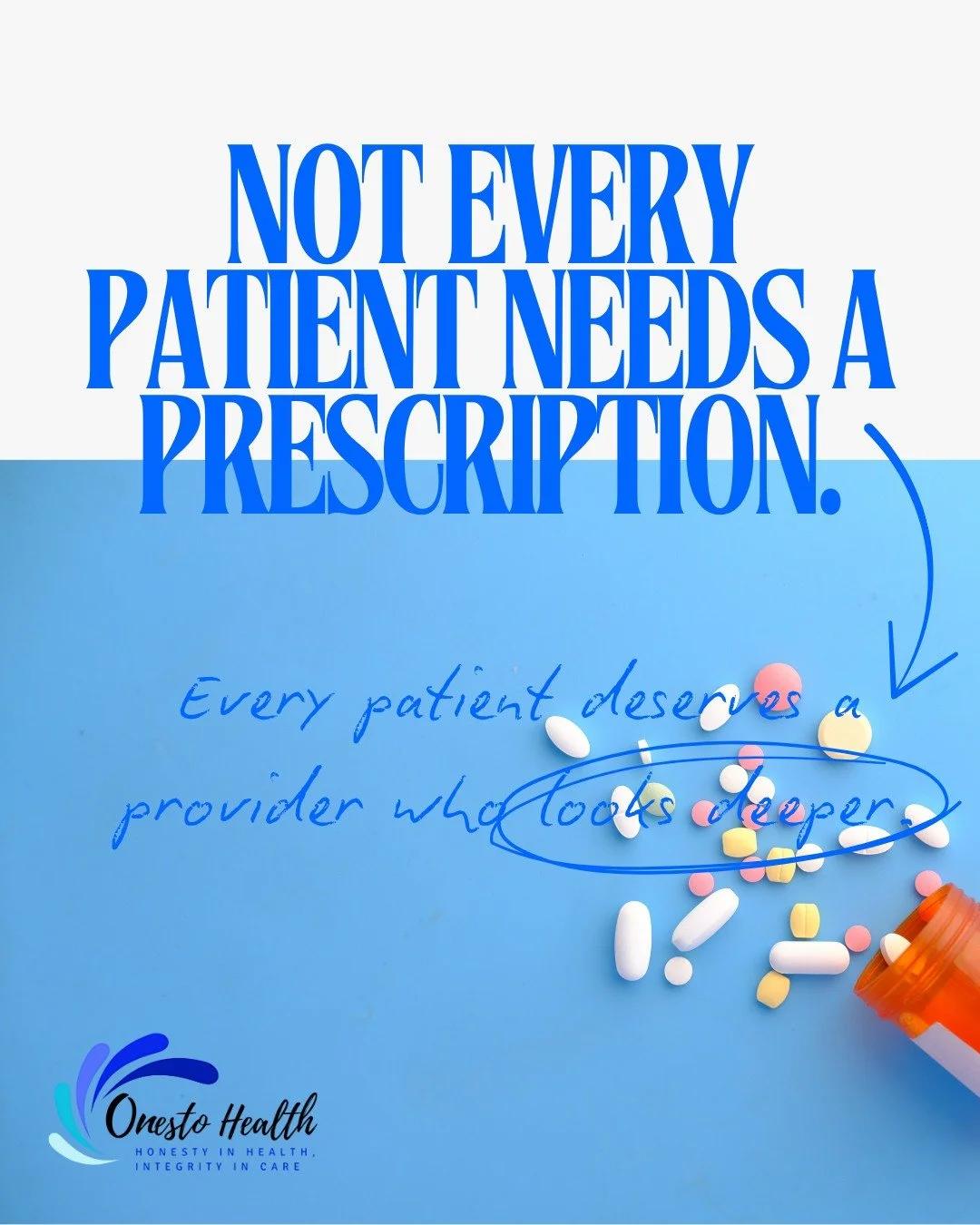Let&rsquo;s clear something up.

At Onesto Health, we are not here to throw medication at every symptom and send you on your way.

This is not a &ldquo;here&rsquo;s a prescription, good luck out there&rdquo; kind of place.

Medication can be incredib