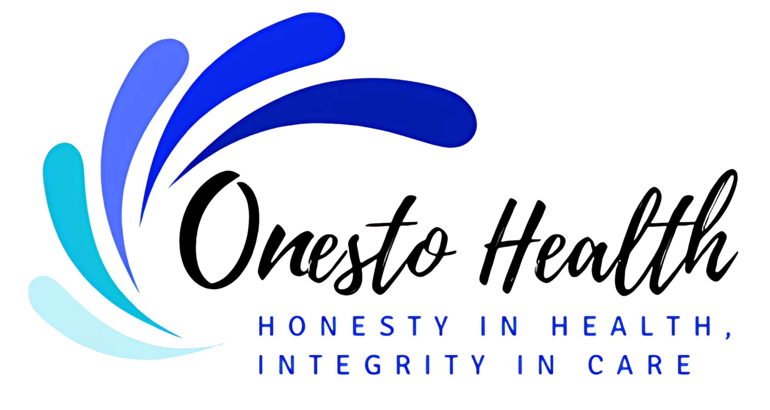 Logo for Onesto Health, featuring a multicolored abstract swirl design and the words "Onesto Health" with the subtitle "HONESTY IN HEALTH.  INTEGRITY IN CARE".