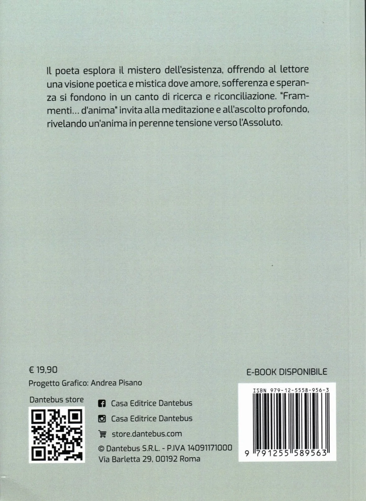 Pagina con testo descrittivo e informazioni sul libro, prezzo, progetto grafico, contatti social e QR code, con barcode e ISBN.