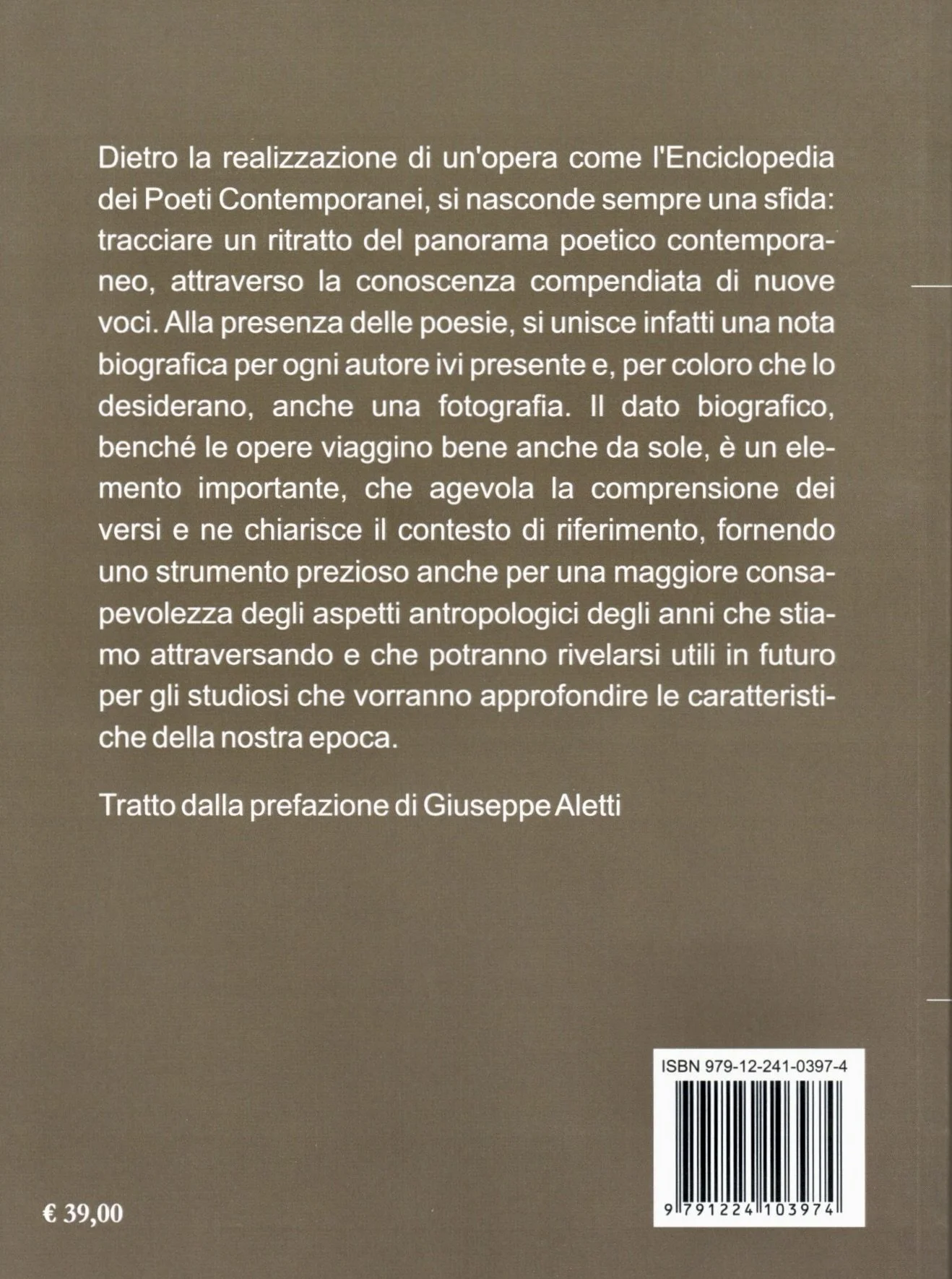 Testo descrittivo del retro di un libro scritto in italiano, con il prezzo di € 39,00 e il codice ISBN 979-12-241-0397-4. La parte superiore del retro del libro contiene un passaggio scritto da Giuseppe Aletti.