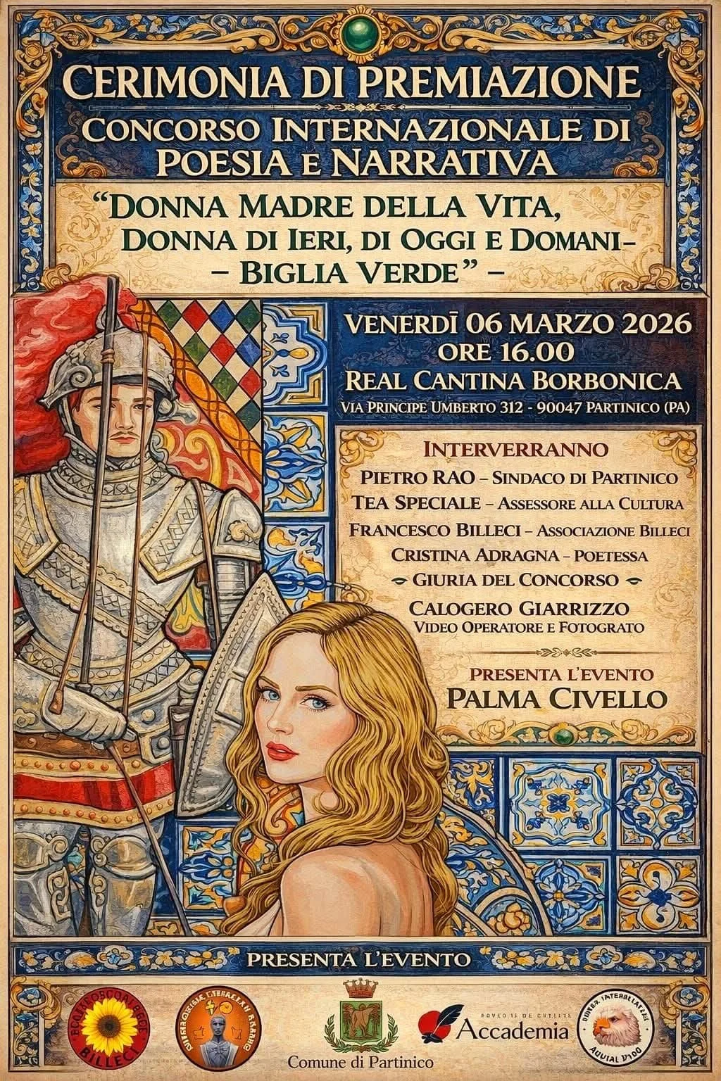Locandina dell'evento di premiazione per un concorso di poesia e narrativa intitolato "Donna madre della vita, donna di ieri, di oggi e domani - Biglia verde" che si terrà il 6 marzo 2026 alla Real Cantina Borbonica di Partinico. La locandina present