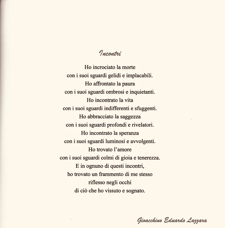 Pagina con poesia di Gioacchino Eduardo Lazzara intitolata "Incontri", scritta in italiano su uno sfondo beige.