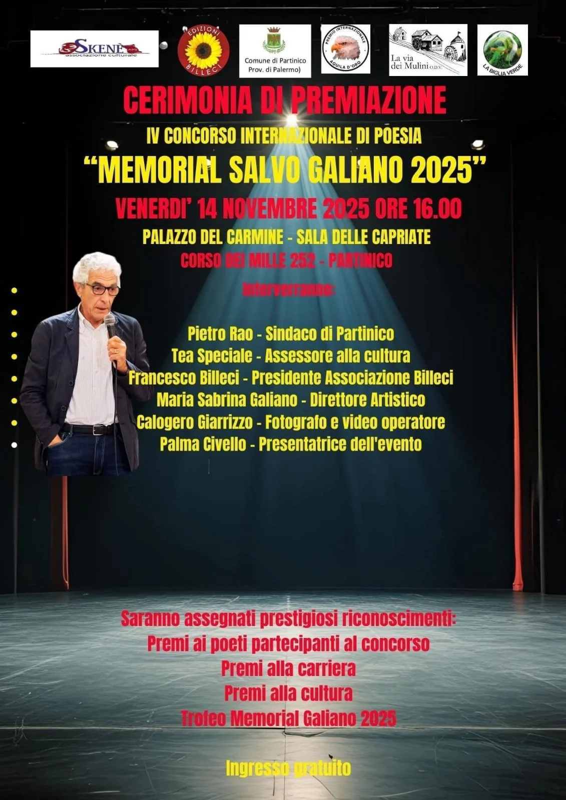 Locandina dell'evento di premiazione della IV edizione del concorso di poesia "Memorial Salvo Galiano 2025" che si terrà il 14 novembre 2025 alle 16:00 presso il Palazzo del Carmine, Sala delle Capriate a Partinico. La locandina mostra anche una pers