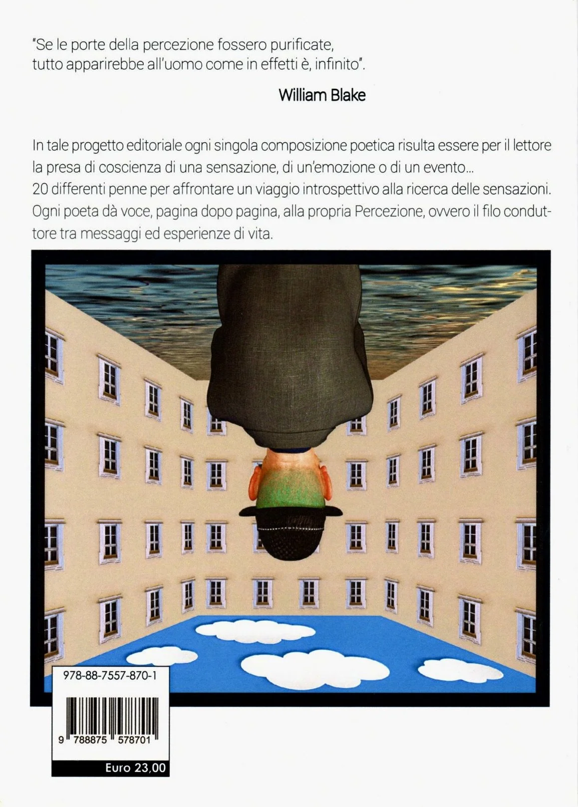 Copertina di un libro con una citazione, un'illustrazione di una persona con cappello e giacca, in un cortile con molte finestre, e un cielo con nuvole
