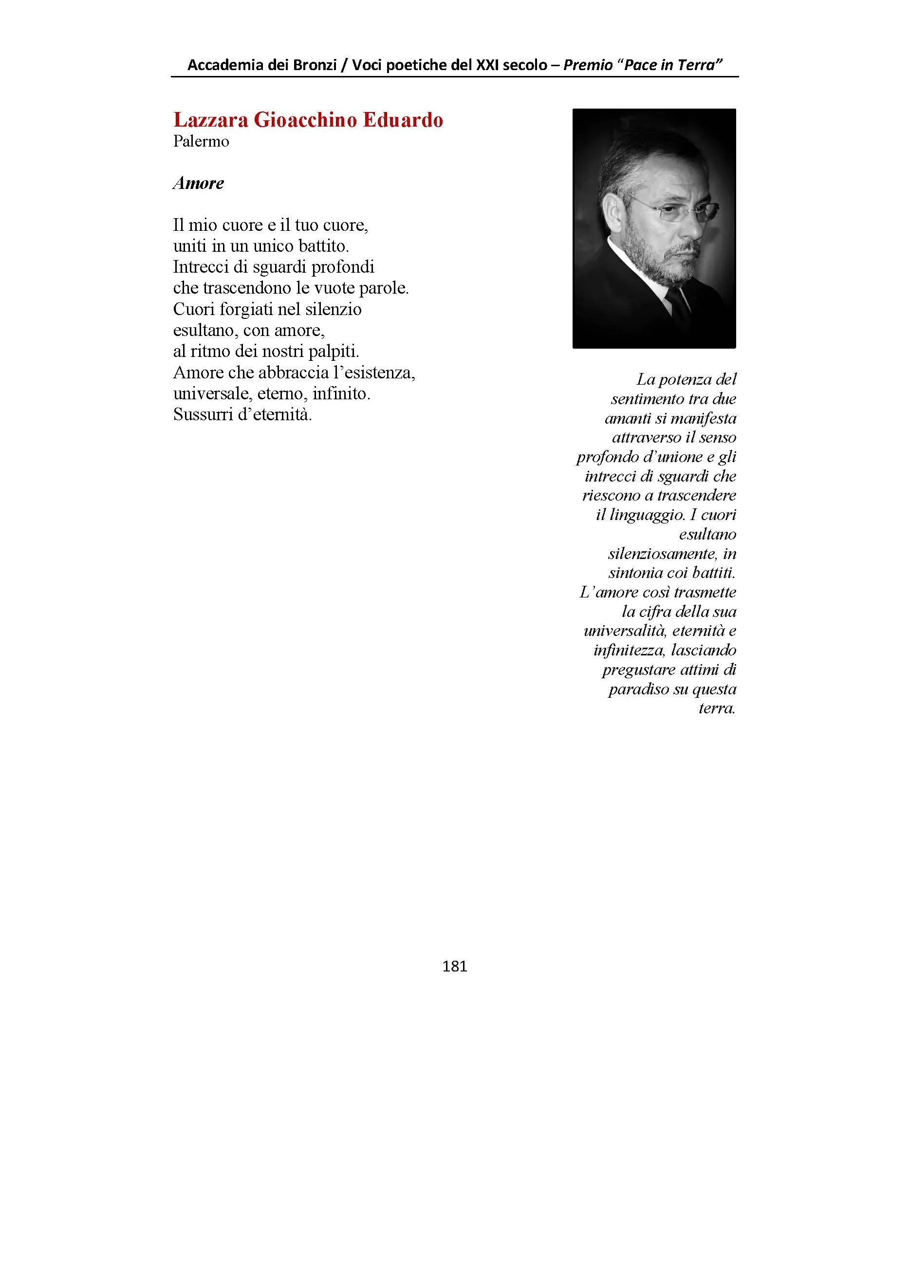 Pagina di un libro con testo poetico, titolo e una fotografia in bianco e nero di un uomo con barba e occhiali. La pagina è numerata 181.