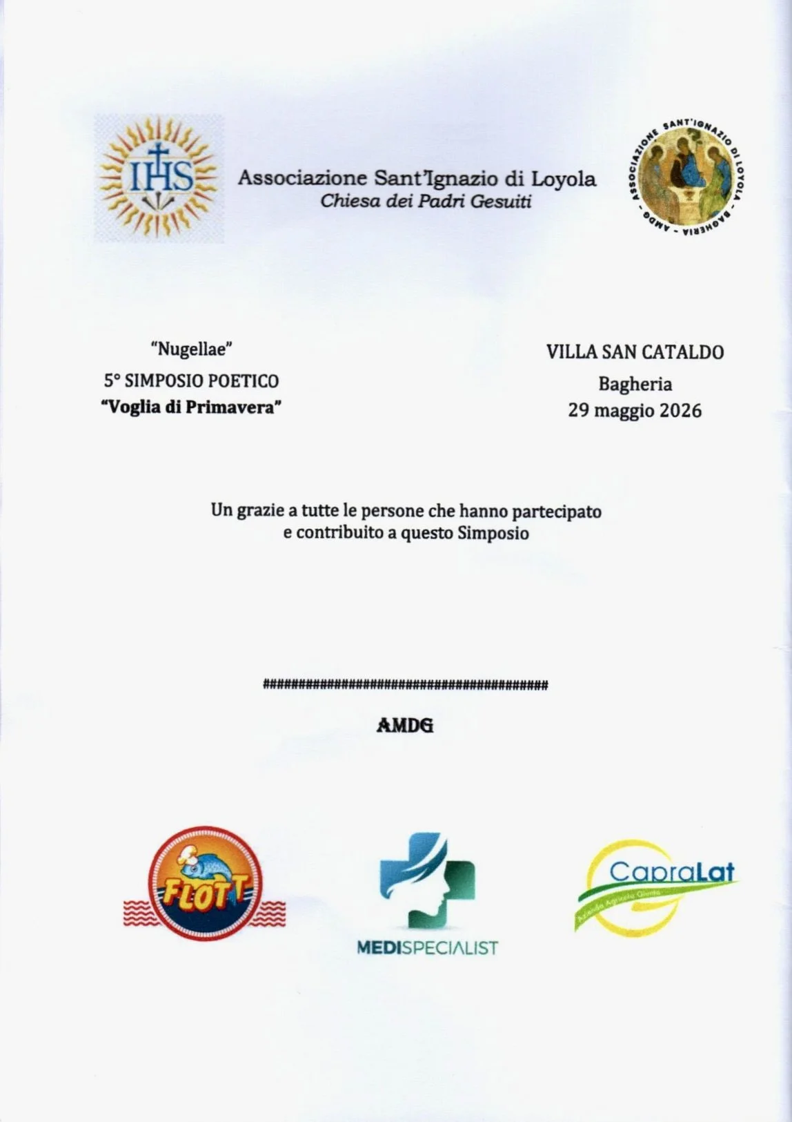 Certificato di partecipazione a un simposio poetico intitolato "Voglia di Primavera", tenutosi a Villa San Cataldo il 29 maggio 2026. I loghi di diverse organizzazioni e sponsor sono visibili alla base del documento.