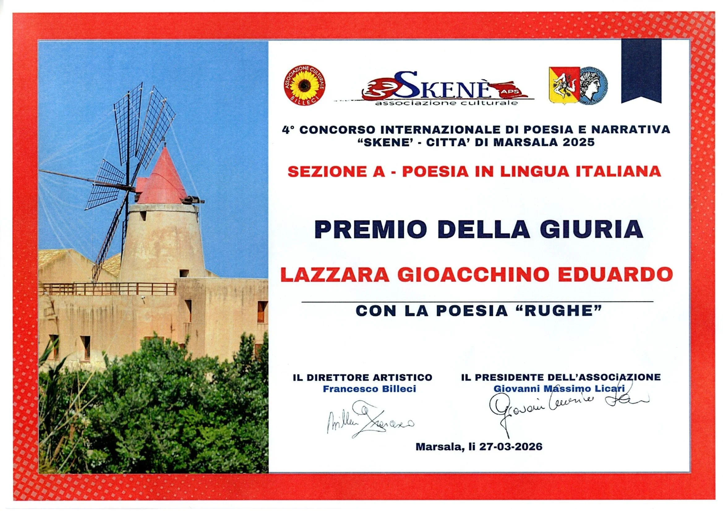 Certificato di partecipazione al 4º Concorso Internazionale di Poesia e Narrazione 'Skene' a Marsala, 27 marzo 2026, con firme di Francesco Billeci e Giovanni Massimo Licari, e immagine di un mulino a vento su un edificio antico, con vegetazione in primo piano.