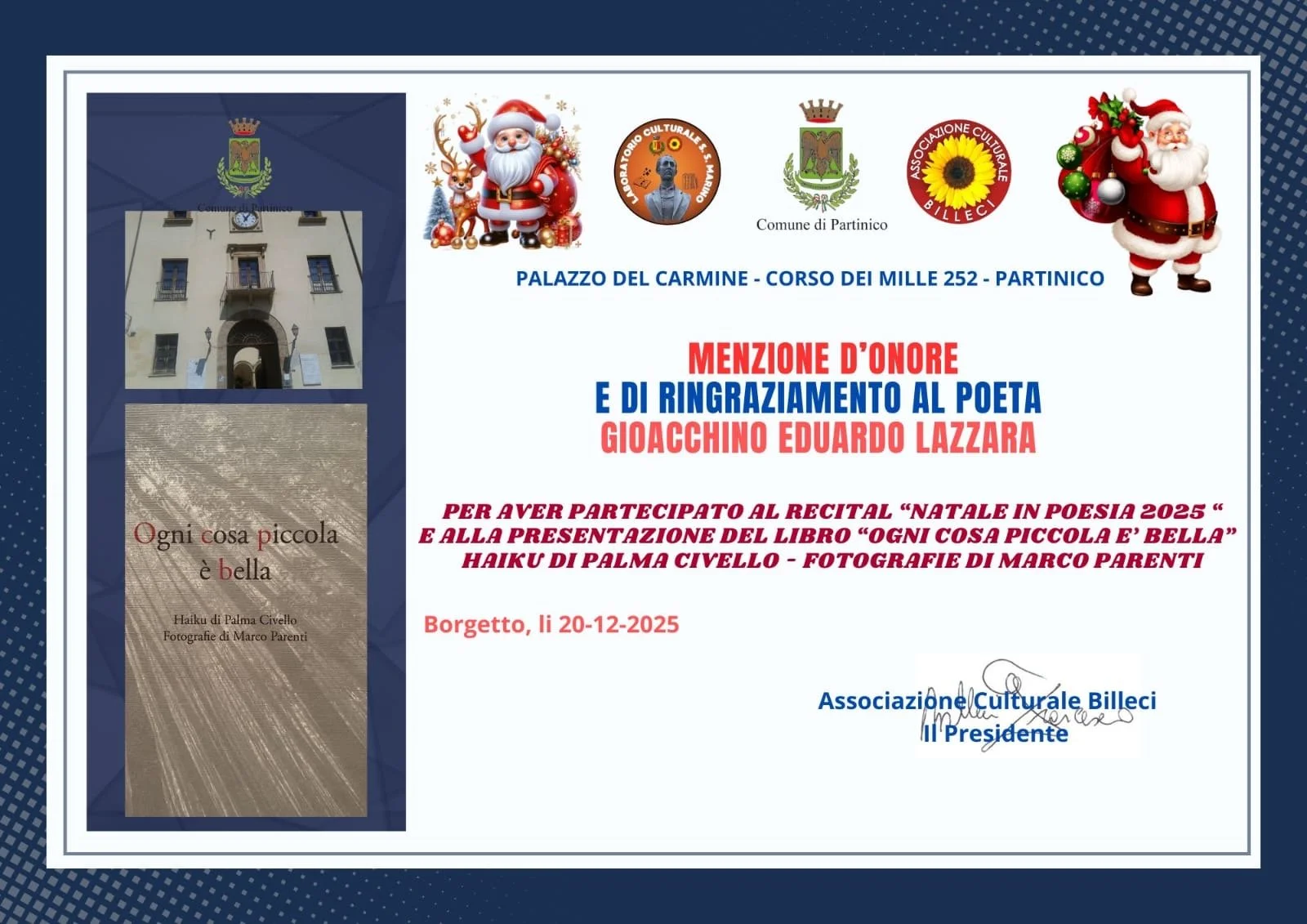 Certificato di riconoscimento conferito al poeta Gioacchino Eduardo Lazzara, con immagini festive natalizie, Santa Claus, e simboli culturali, relativo a un evento del 20 dicembre 2025 a Partinico.