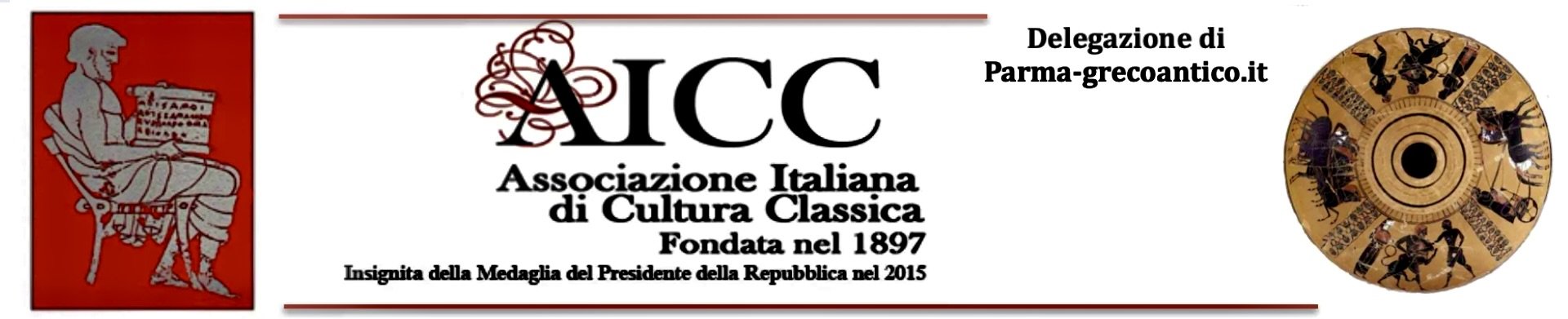 Banner dell'Associazione Italiana di Cultura Classica con logo, testo, e immagine di un piatto inciso con motivi antichi, in stile classico.