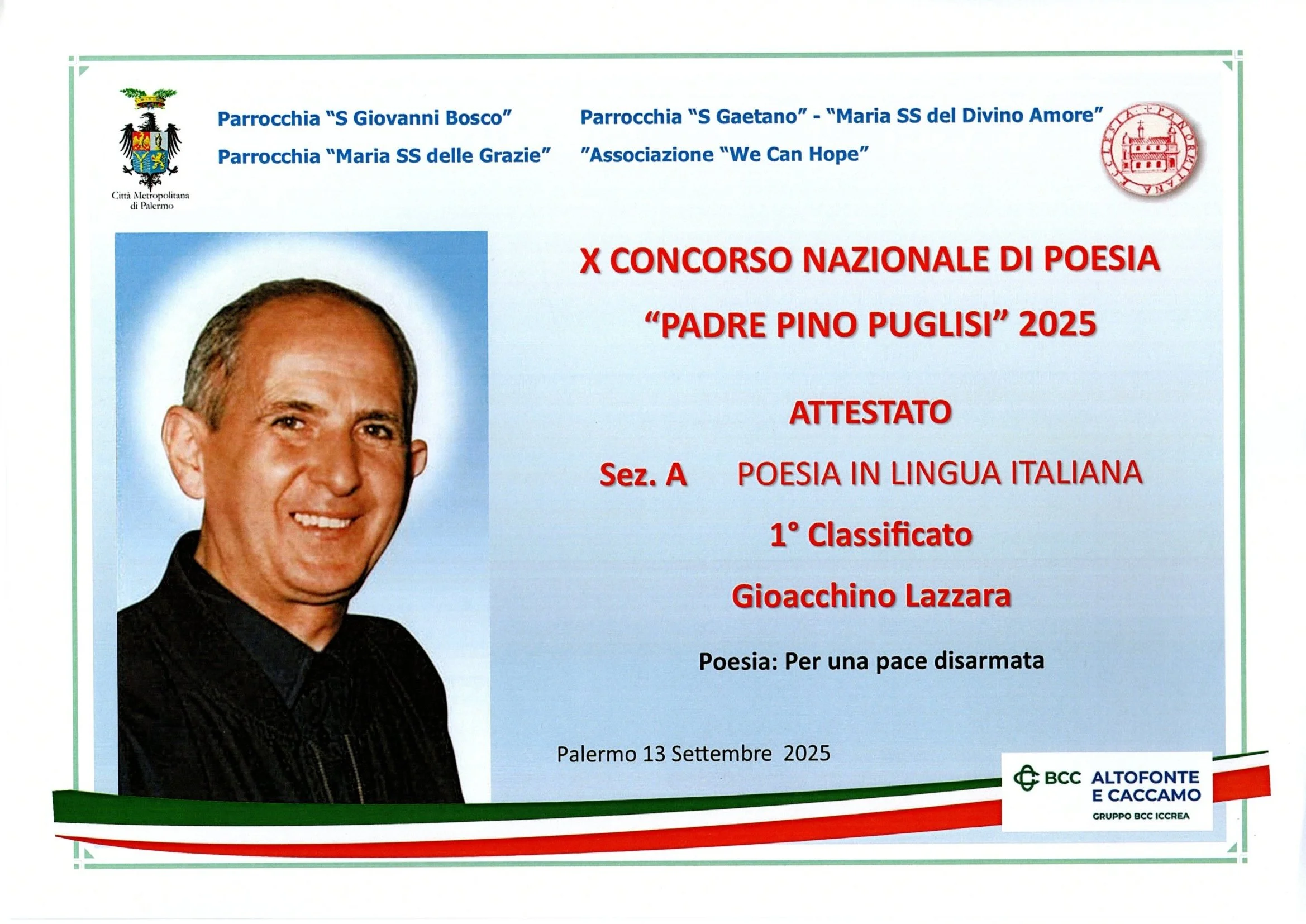 Certificato di partecipazione al concorso di poesia intitolato 'Padre Pino Puglisi' 2023, con foto di un uomo anziano sorridente, diverso da quello in altre immagini.