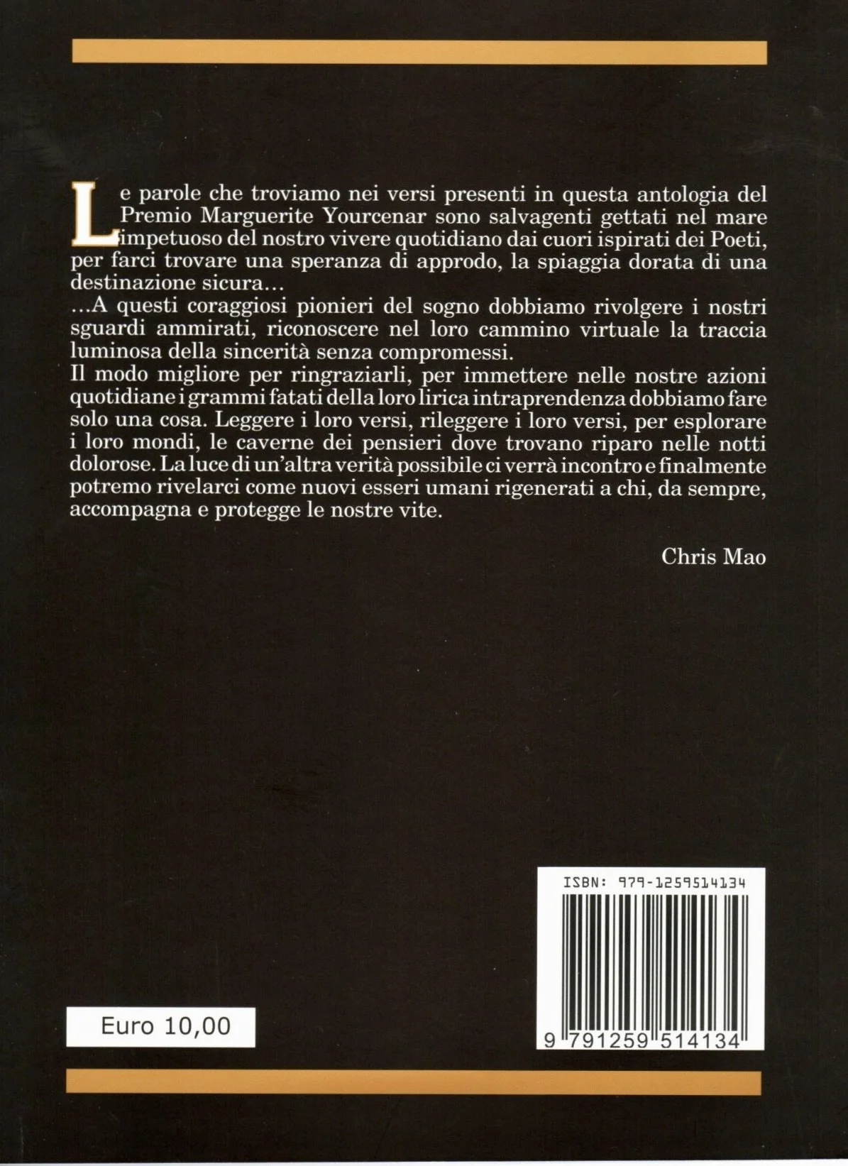 Testo sul retro di un libro, con una citazione di Chris Mao e il prezzo di 10 euro, con codice ISBN 9791259514134, e un codice a barre.