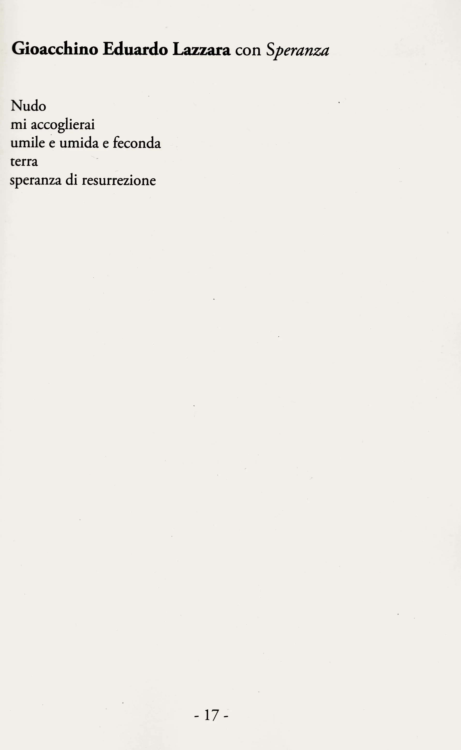 Pagina di un libro con il titolo 'Gioacchino Eduardo Lazzara con Speranza' e un poema intitolato 'Nudo' scritto a sinistra. Numero di pagina '-17-' in basso.