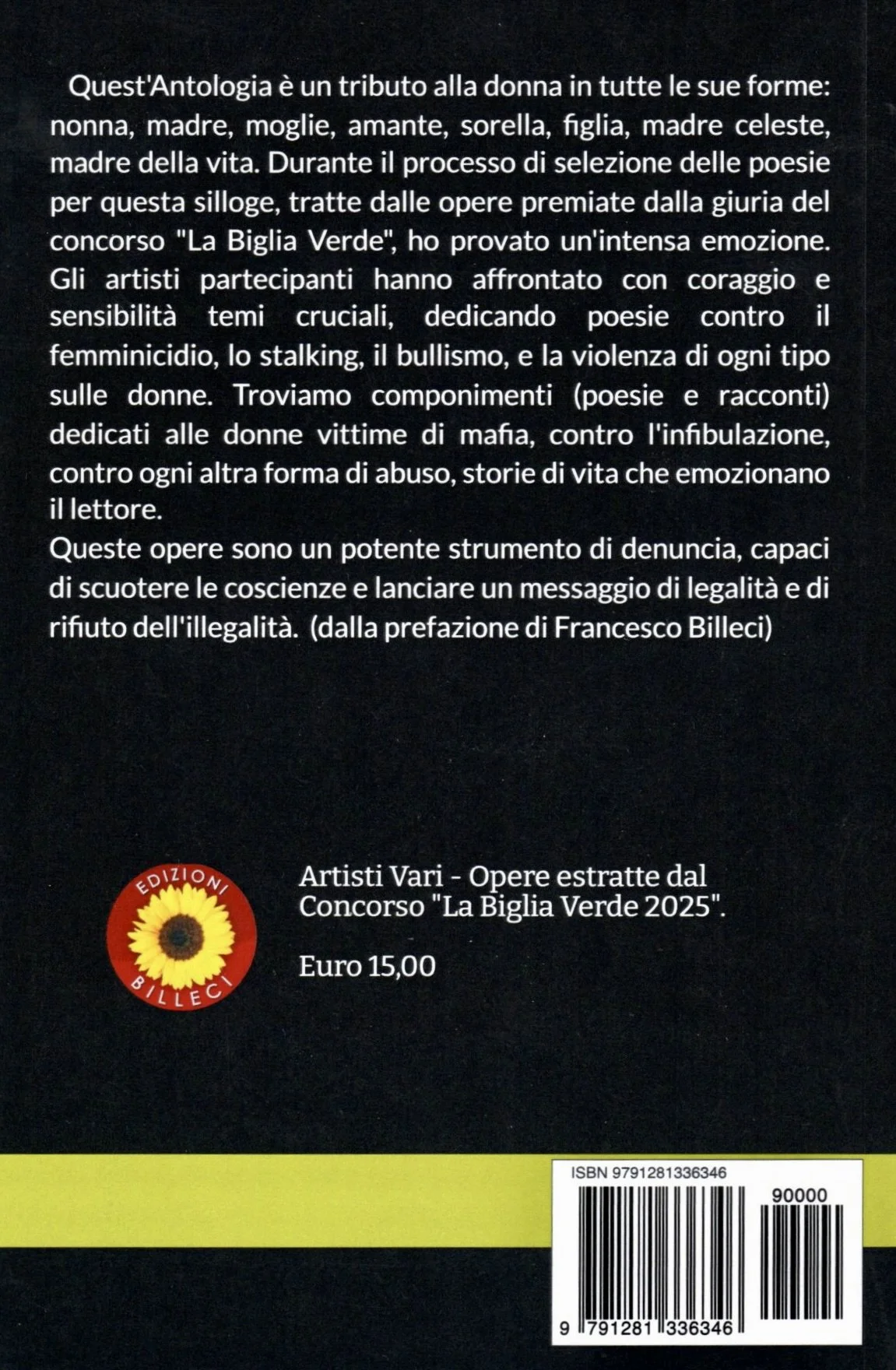 Dorso di un libro con testo in italiano e un logo di Edizioni Bulletti, prezzo di 15 euro, codice ISBN e codice a barre.