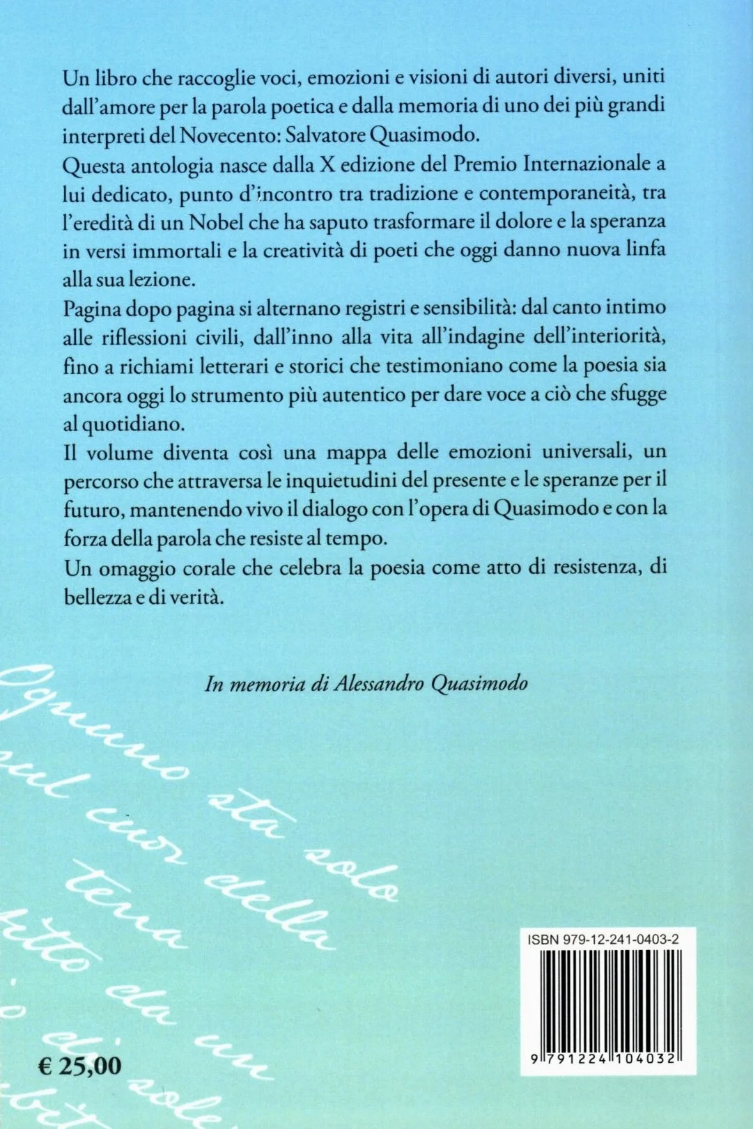 Retro della copertina di un libro con testo in italiano che descrive l'evento e l'autore, con il prezzo €25,00 e il codice a barre.