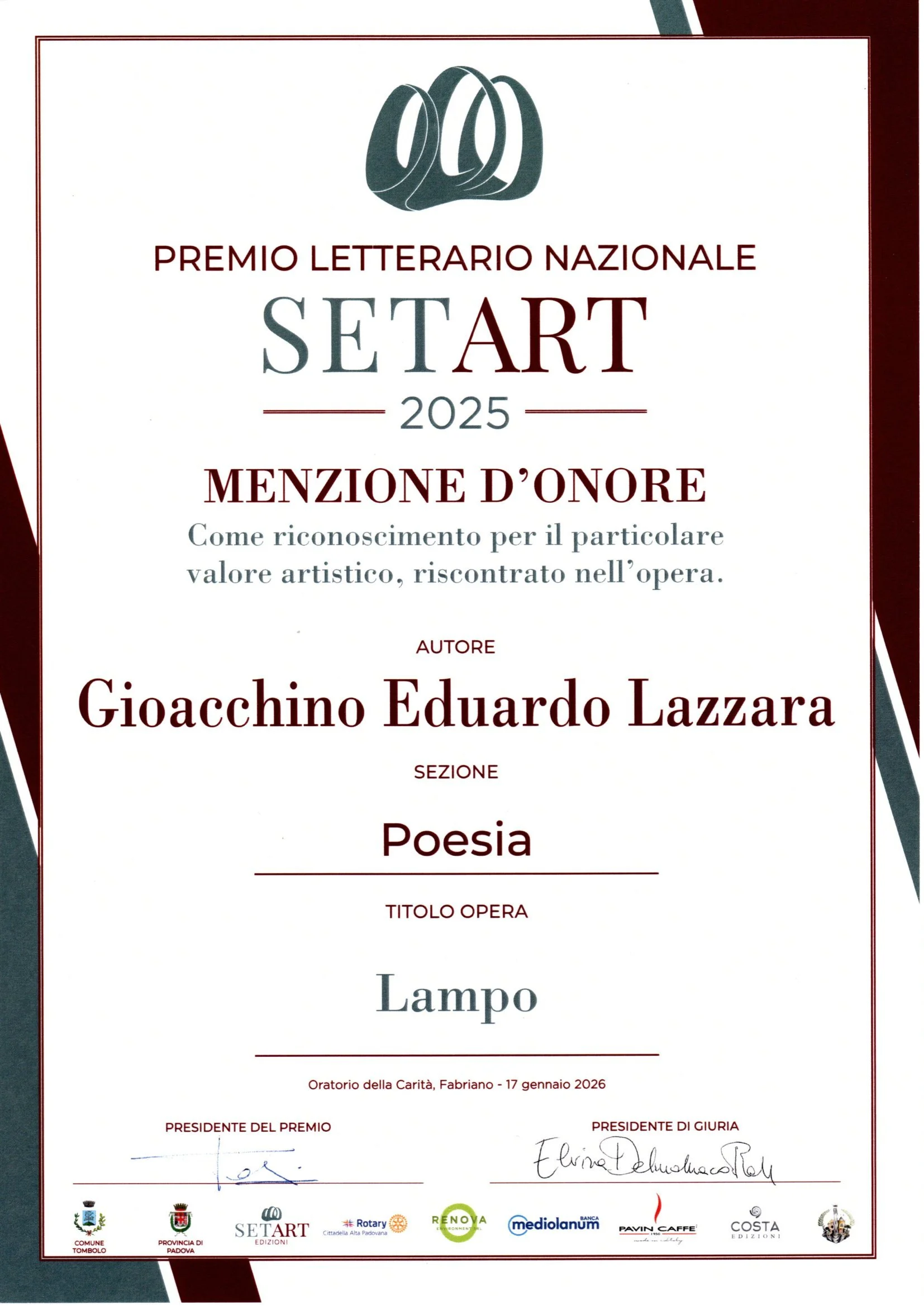 Certificato di premio letterario nazionale SETART 2025 a Gioacchino Eduardo Lazzara in poesia, con firma e loghi di sponsor e enti organizzatori.