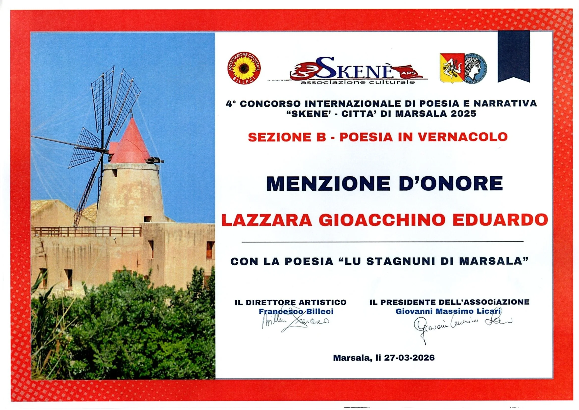 Certificato di partecipazione all'evento 'Skene - Città di Marsala 2025', dedicato alla poesia in vernacolo, con le firme di Francesco Billeci e Giovanni Massimo Licari, datato 27 marzo 2026, con immagine di un mulino a vento.