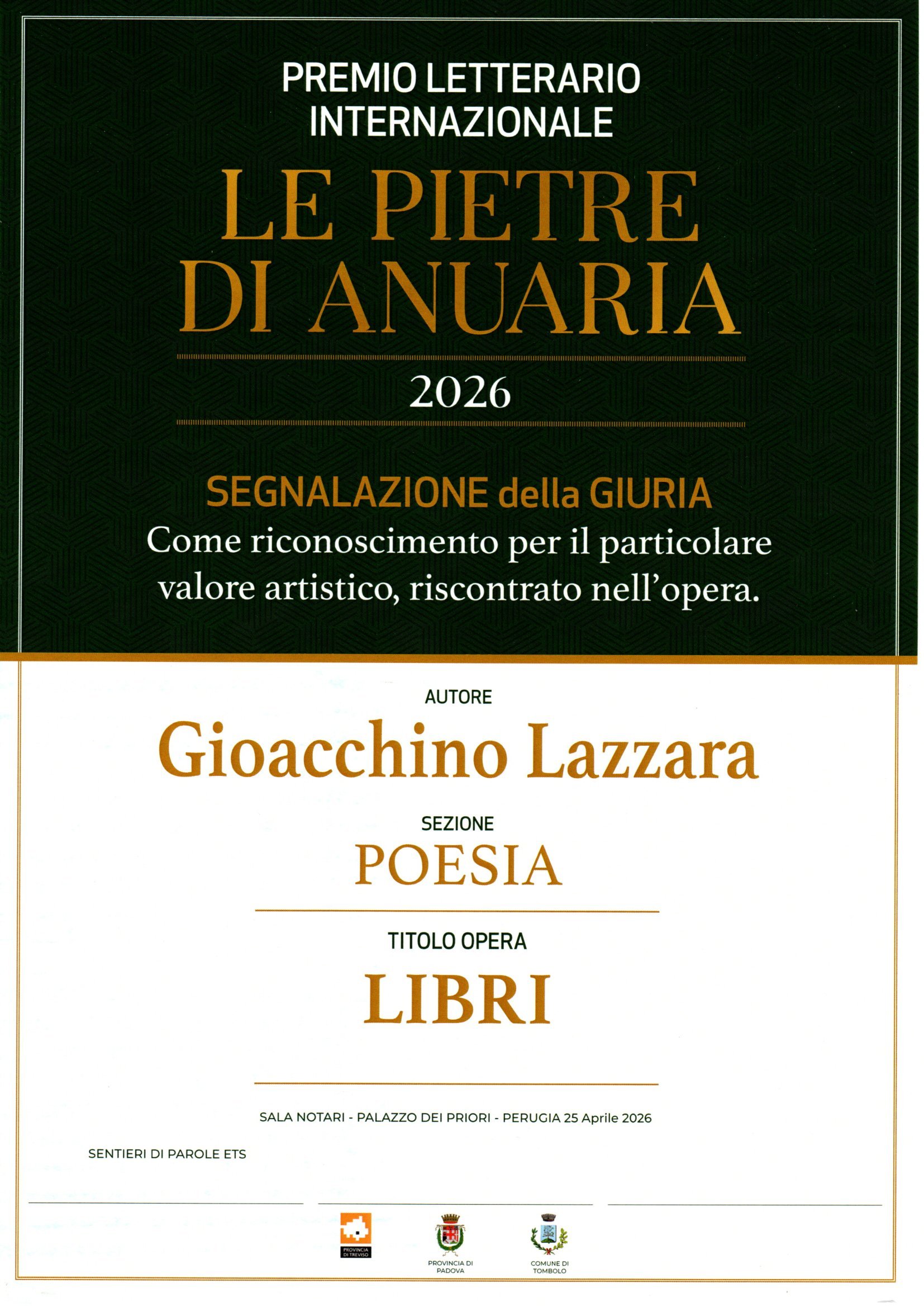 Locandina dell'evento letterario con premi e riconoscimenti per le opere poetiche e libri, data 25 aprile 2026, a Perugia presso il Palazzo dei Priori.