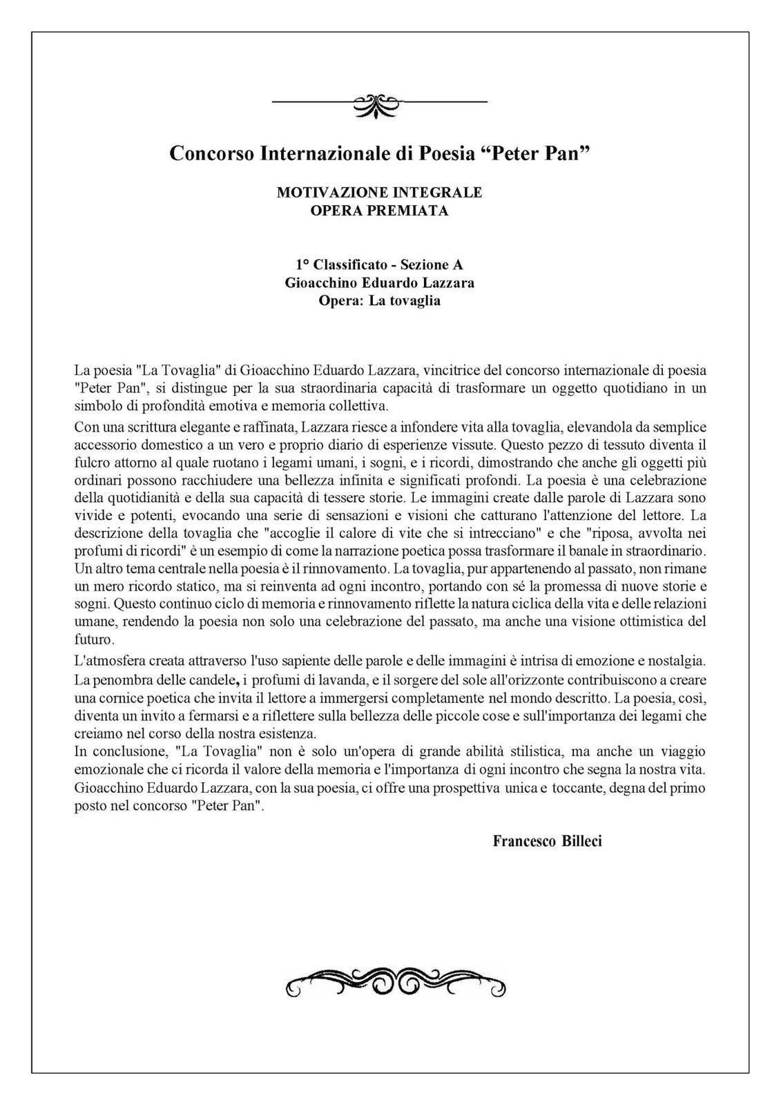 Il documento è un testo scritto che parla di una poesia intitolata "La Tovaglia" di Gioacchino Eduardo Lazzara, vincitore di un concorso internazionale di poesia. Il testo analizza il significato profondo della poesia, il suo stile elegante e raffina