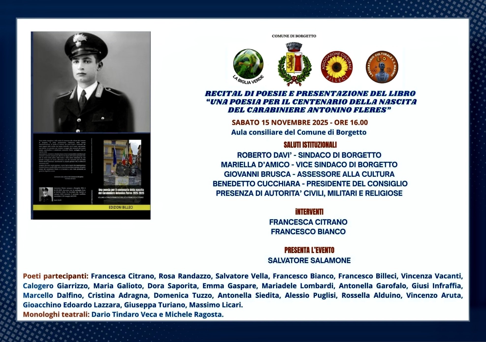 Locandina di un evento culturale dell'amministrazione comunale di Borgetto, con un ritratto in bianco e nero di un militare e dettagli sull'organizzazione, con testi in italiano.