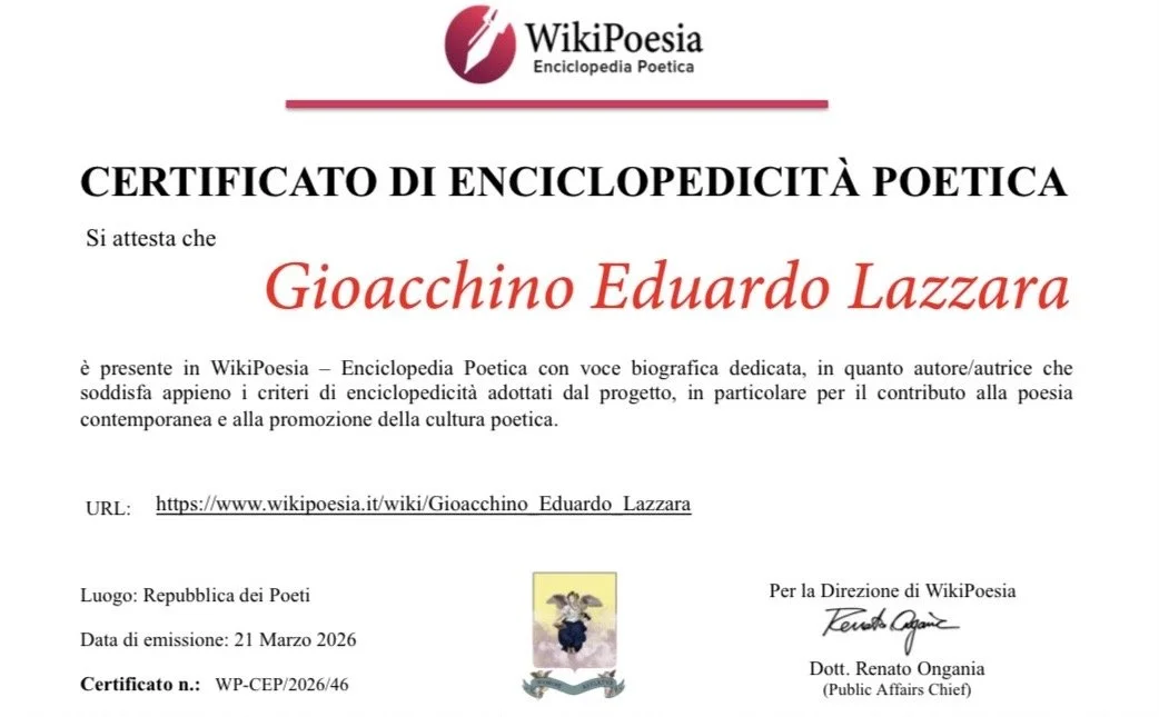 Certificato di enciclopedicità poetica rilasciato a Gioacchino Eduardo Lazzara da WikiPoesia, con firma del responsabile e immagine di un'orchidea.